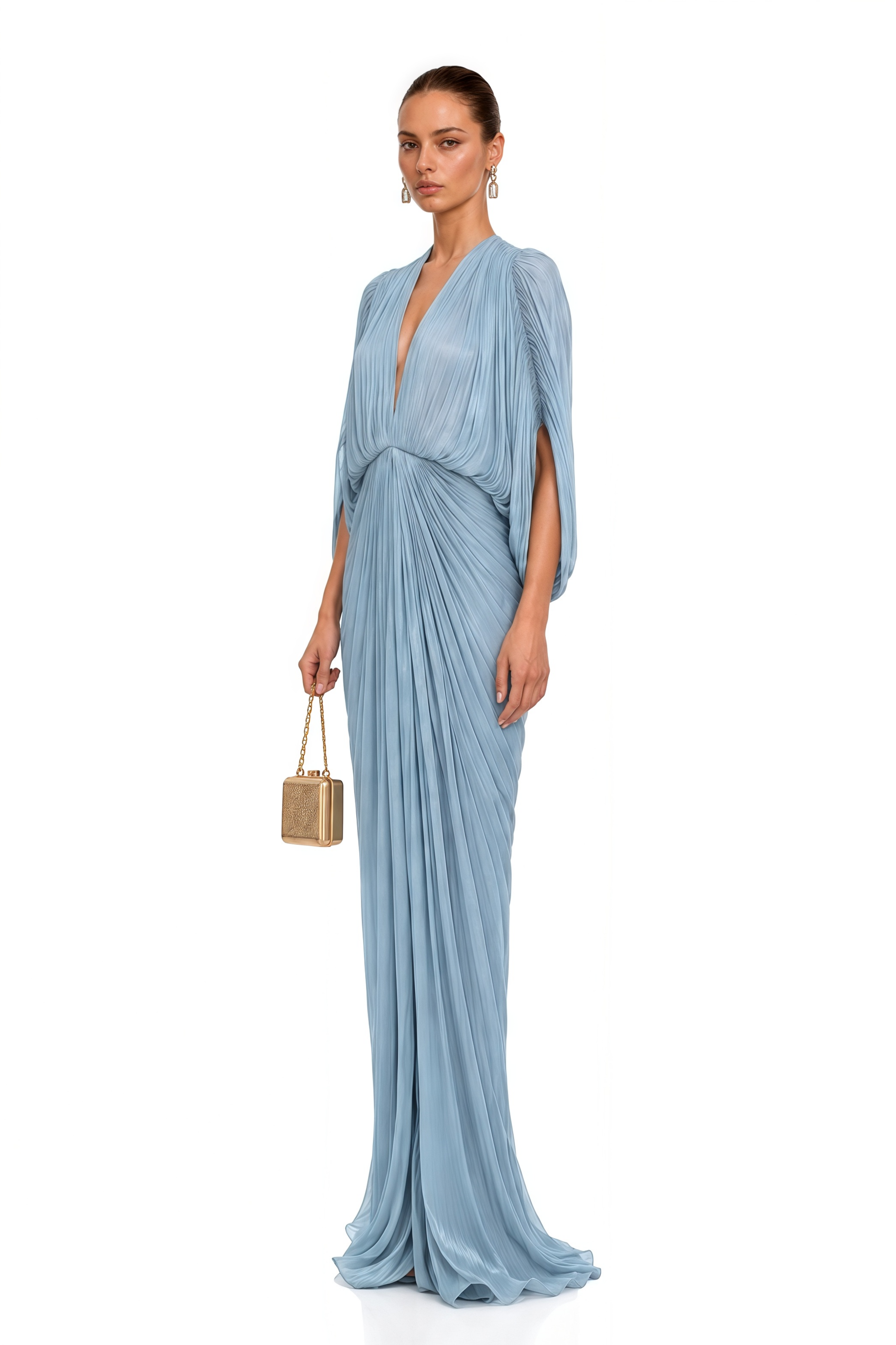 Fatimah Blue Draped Pleated Long Sleeve Maxi Dress