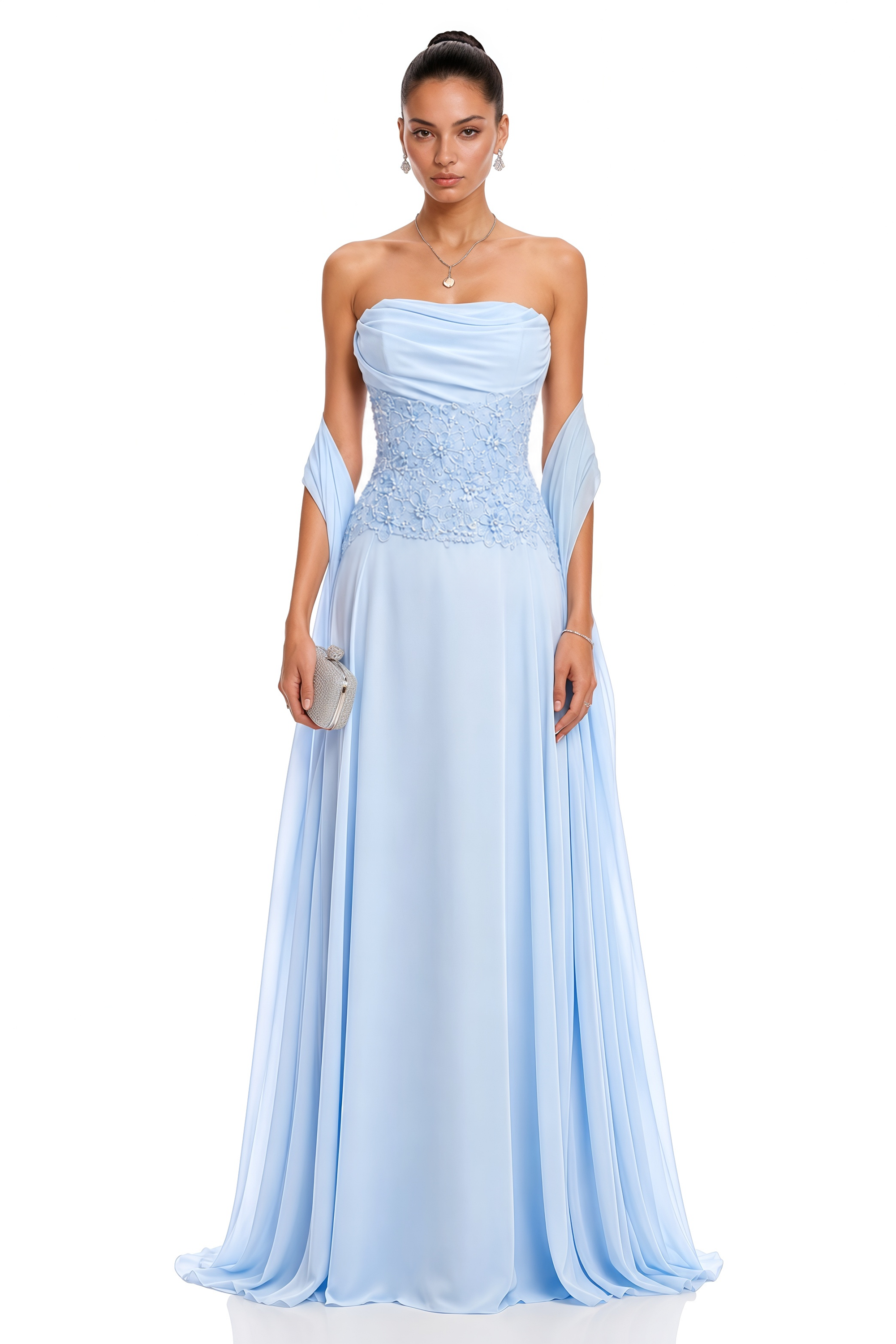 Felicie Blue Ruched Maxi Dress With Cape