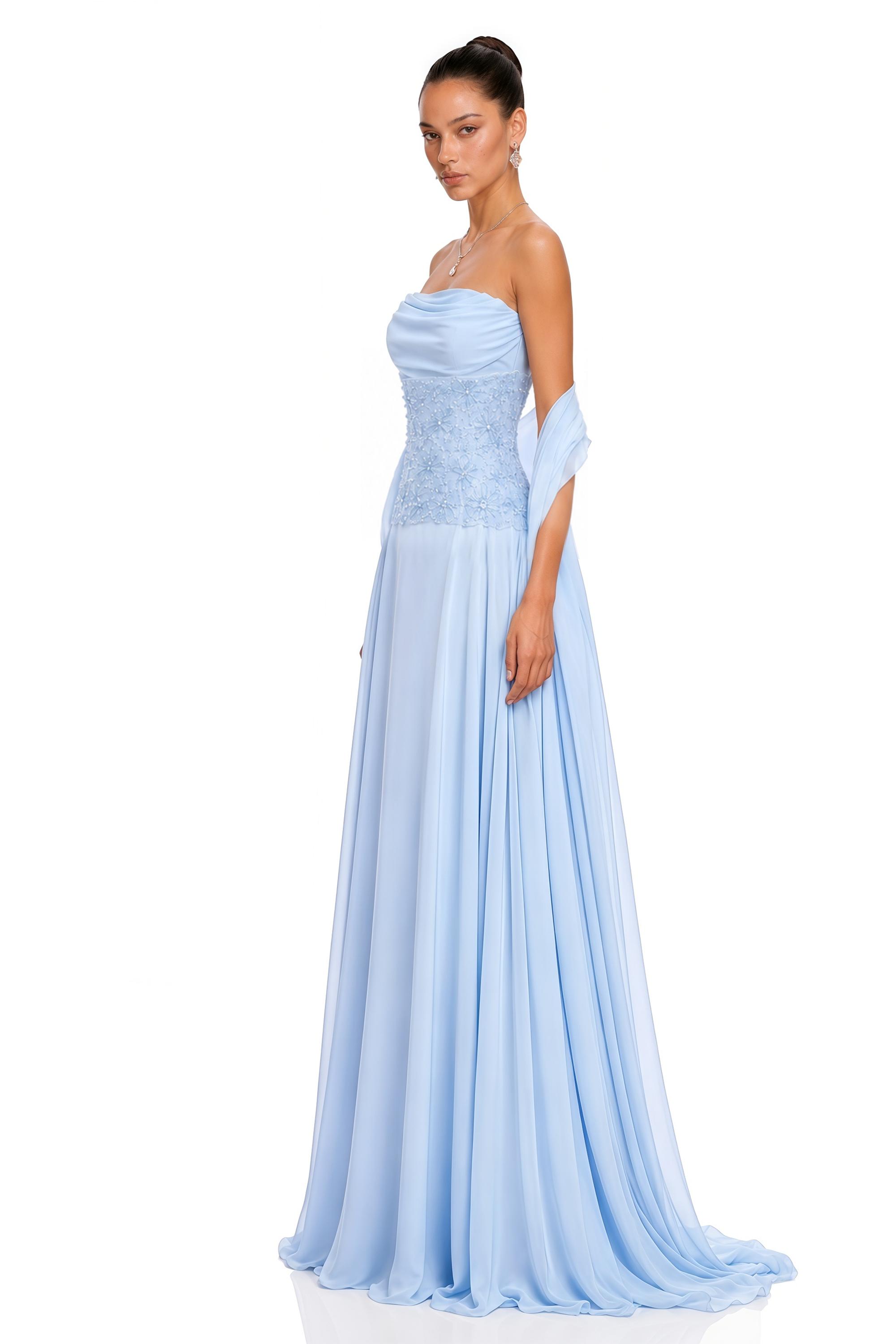 Felicie Blue Ruched Maxi Dress With Cape