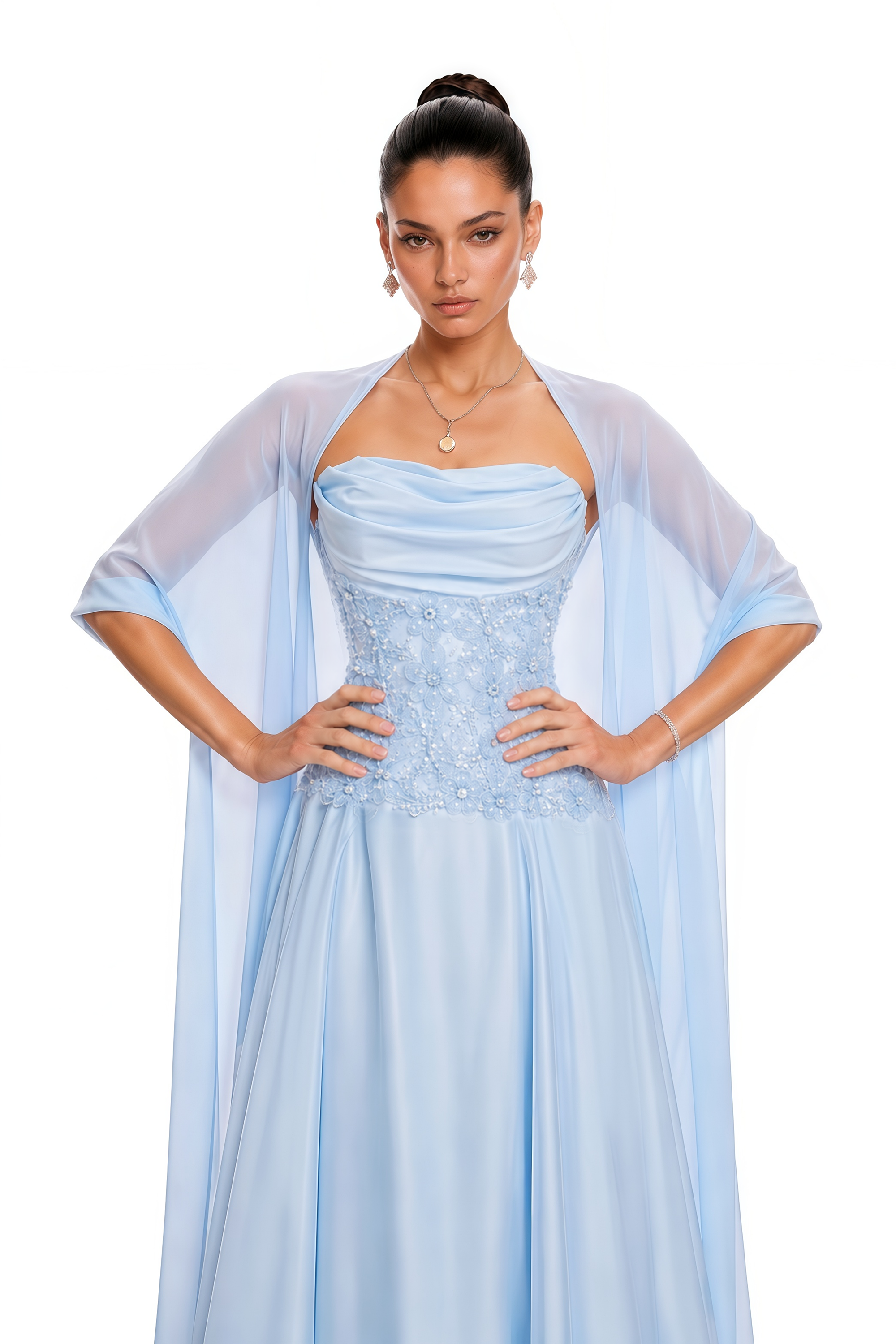 Felicie Blue Ruched Maxi Dress With Cape
