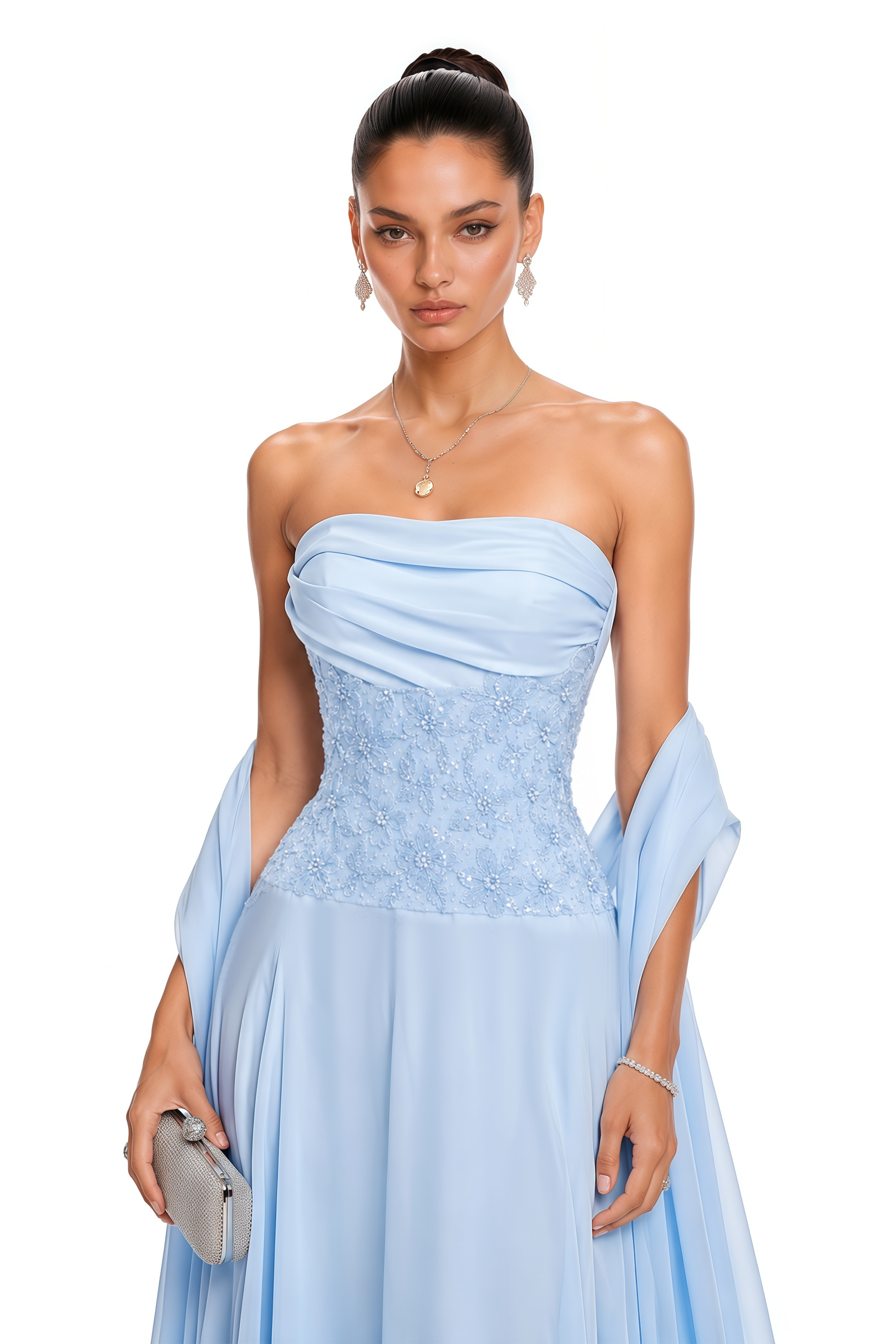 Felicie Blue Ruched Maxi Dress With Cape