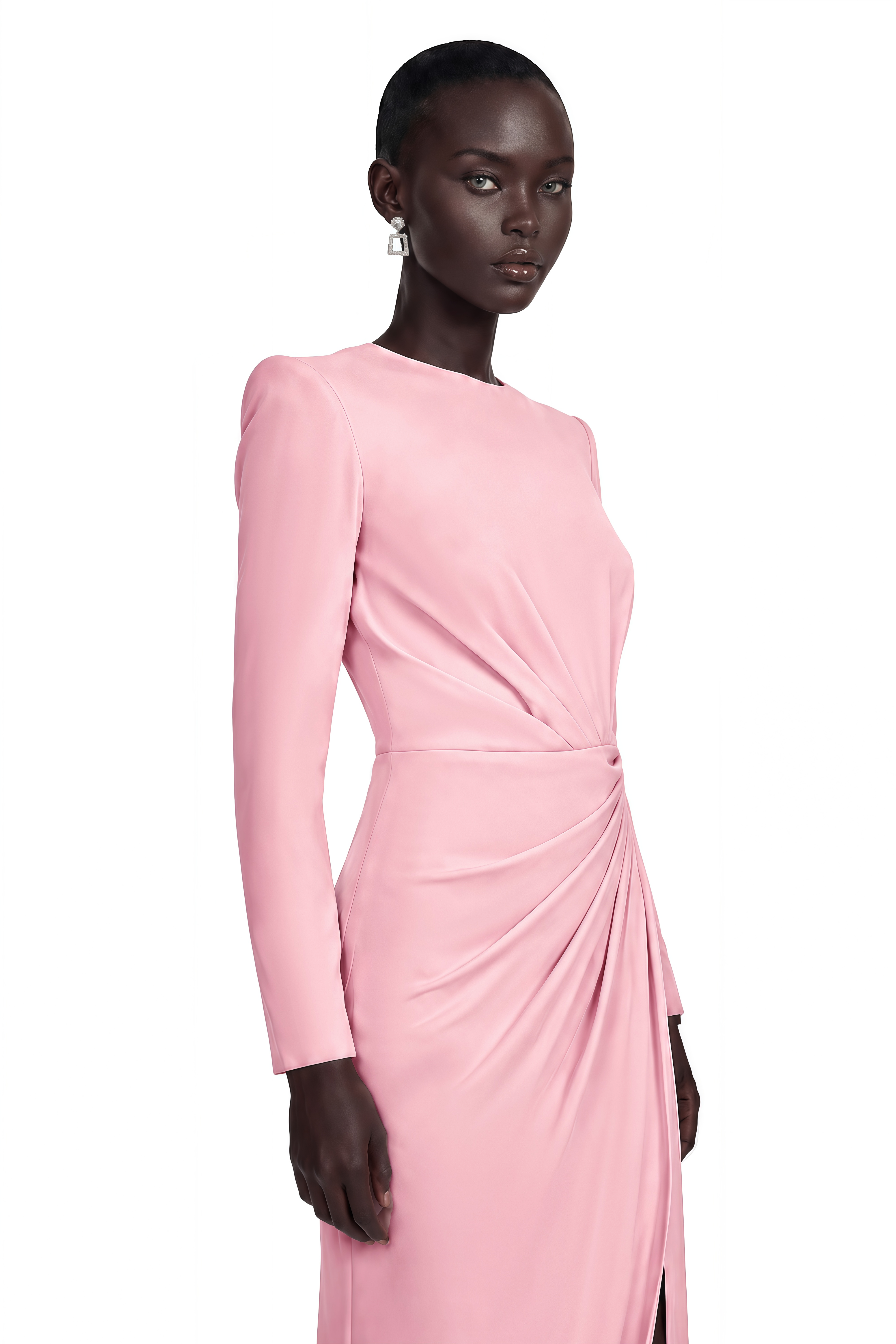 Feriha Pink Ruched Maxi Dress with High Slit