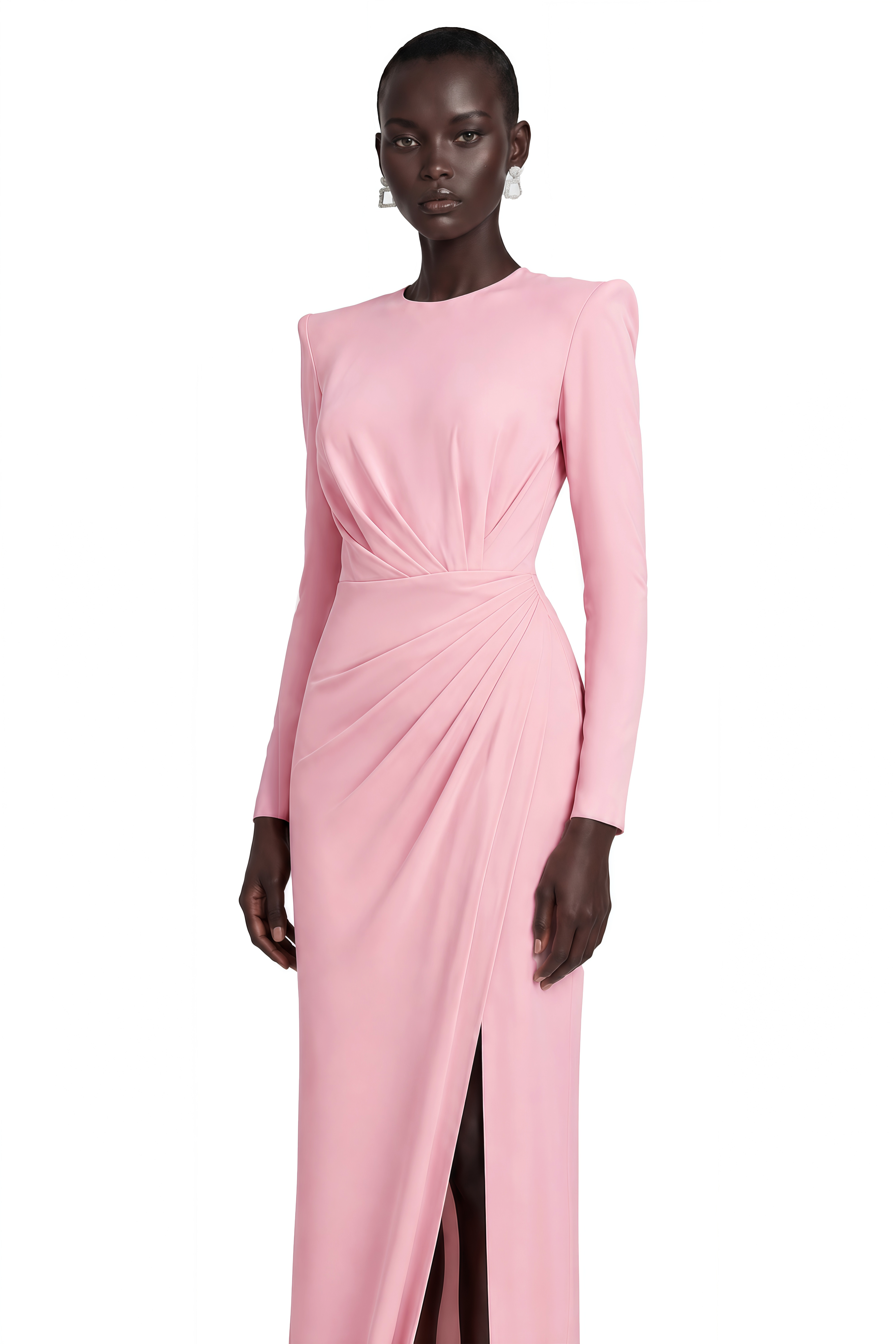 Feriha Pink Ruched Maxi Dress with High Slit