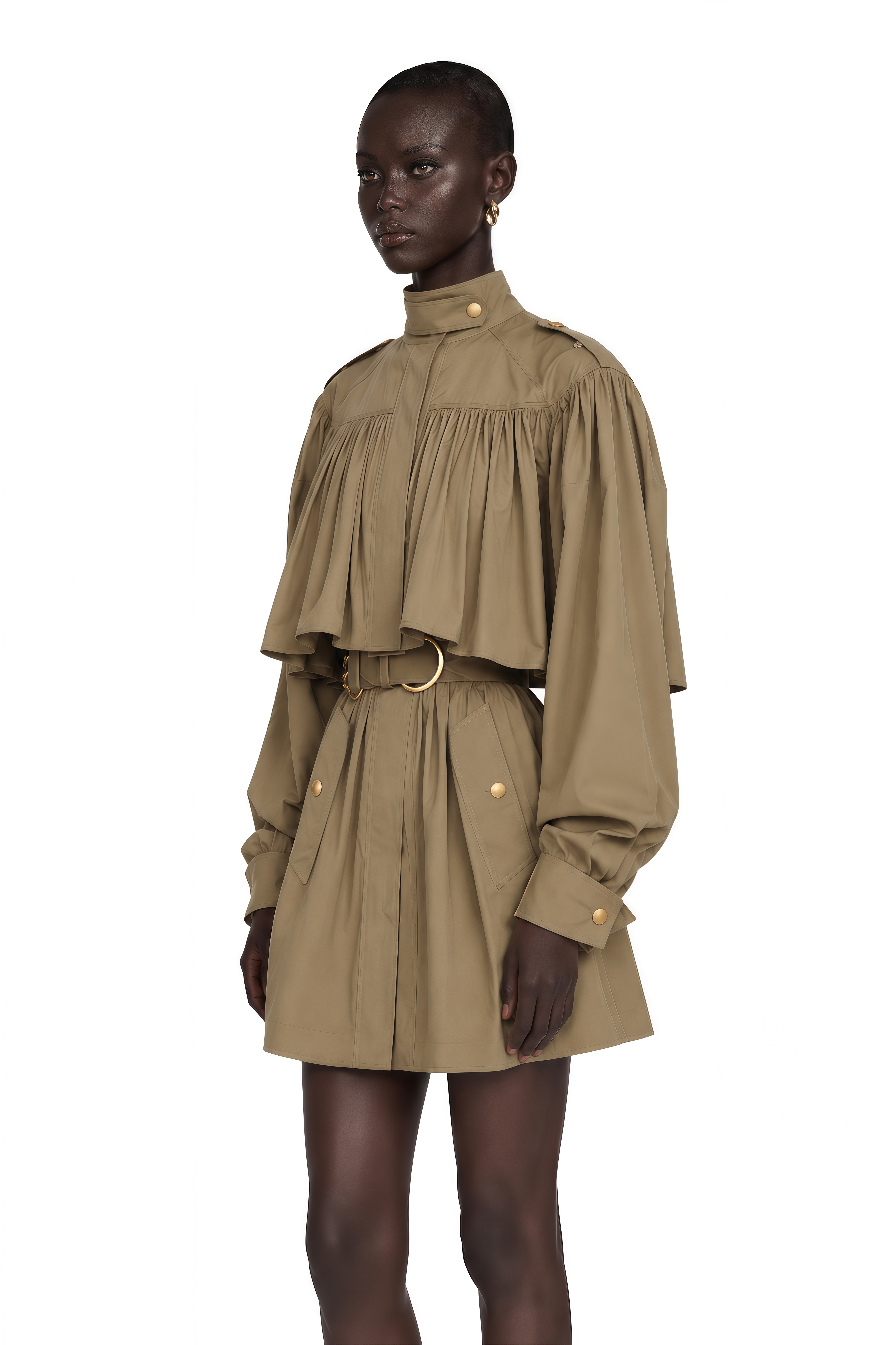Ffion Khaki Gathered Long Sleeve Mini Dress (Without Belt)