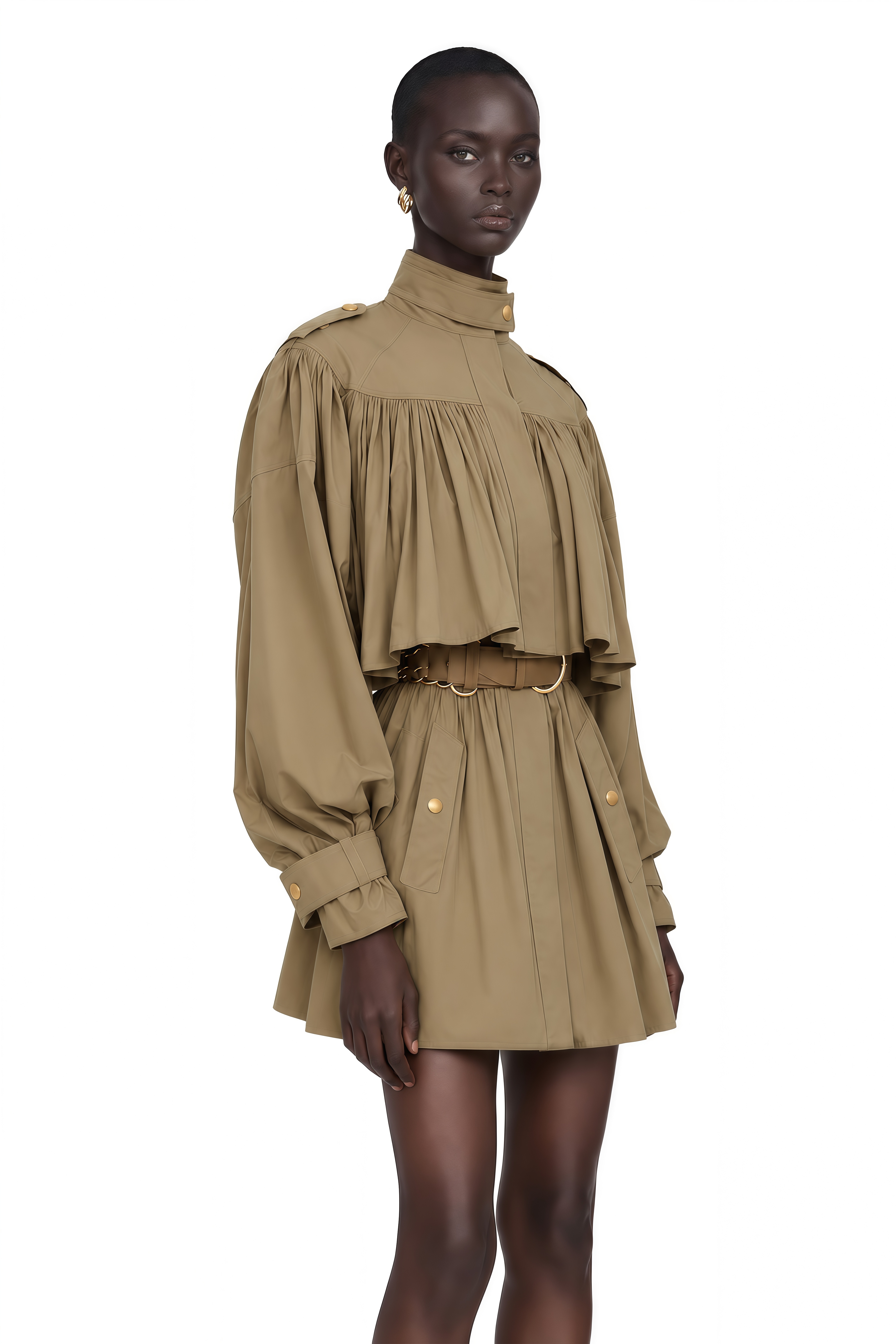 Ffion Khaki Gathered Long Sleeve Mini Dress (Without Belt)