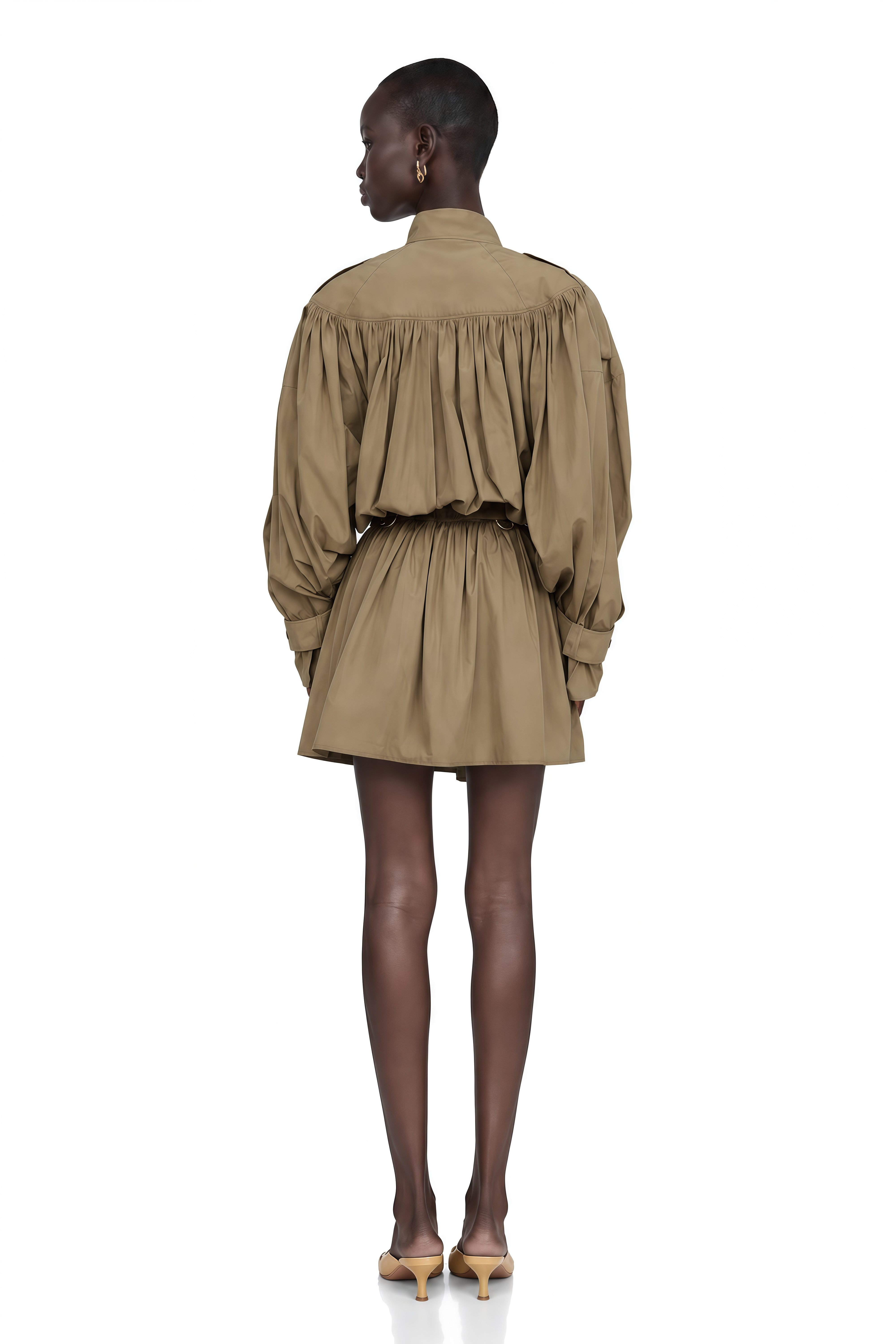 Ffion Khaki Gathered Long Sleeve Mini Dress (Without Belt)