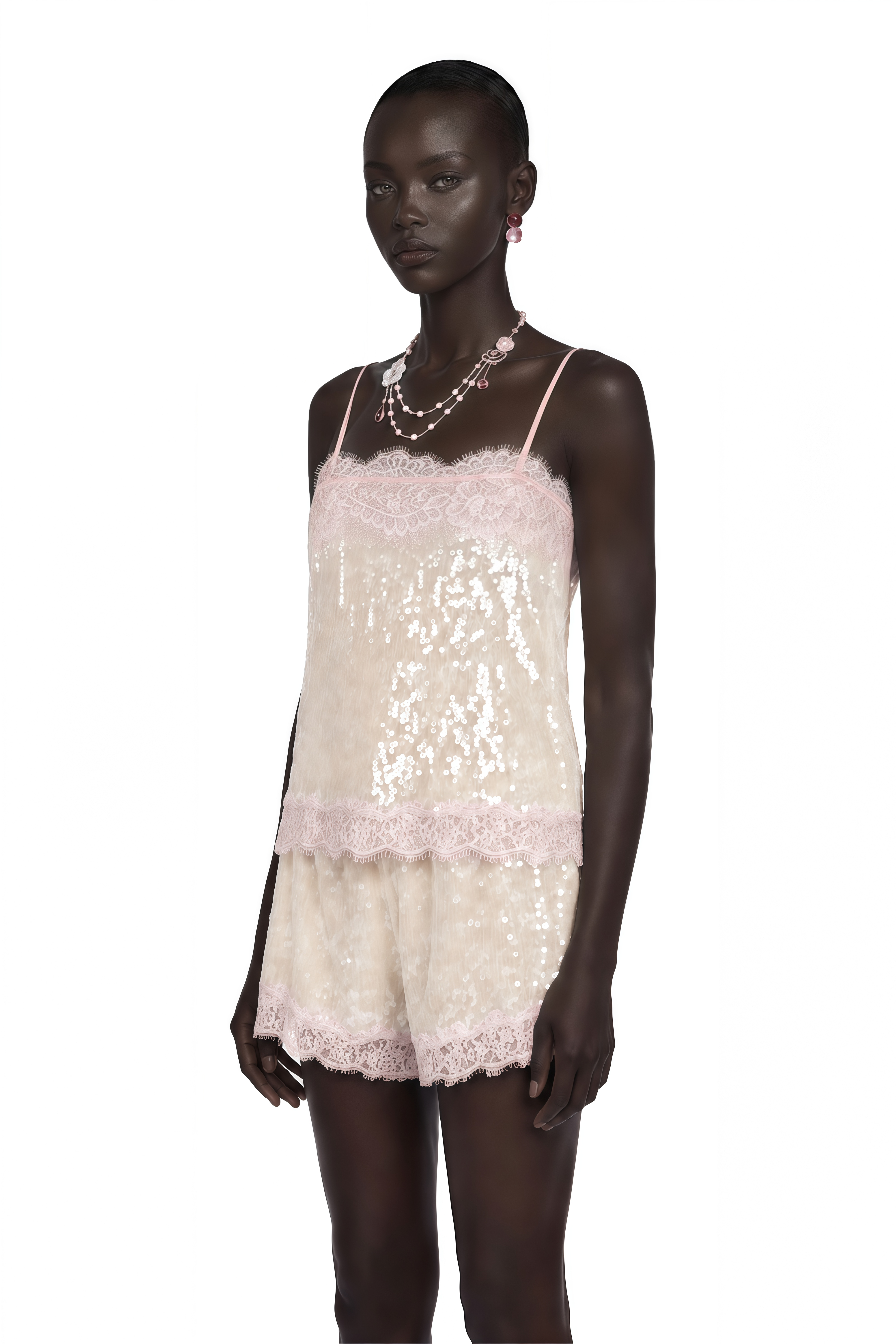 Fiona Neutral Sequin Top & Shorts Set with Lace Trim