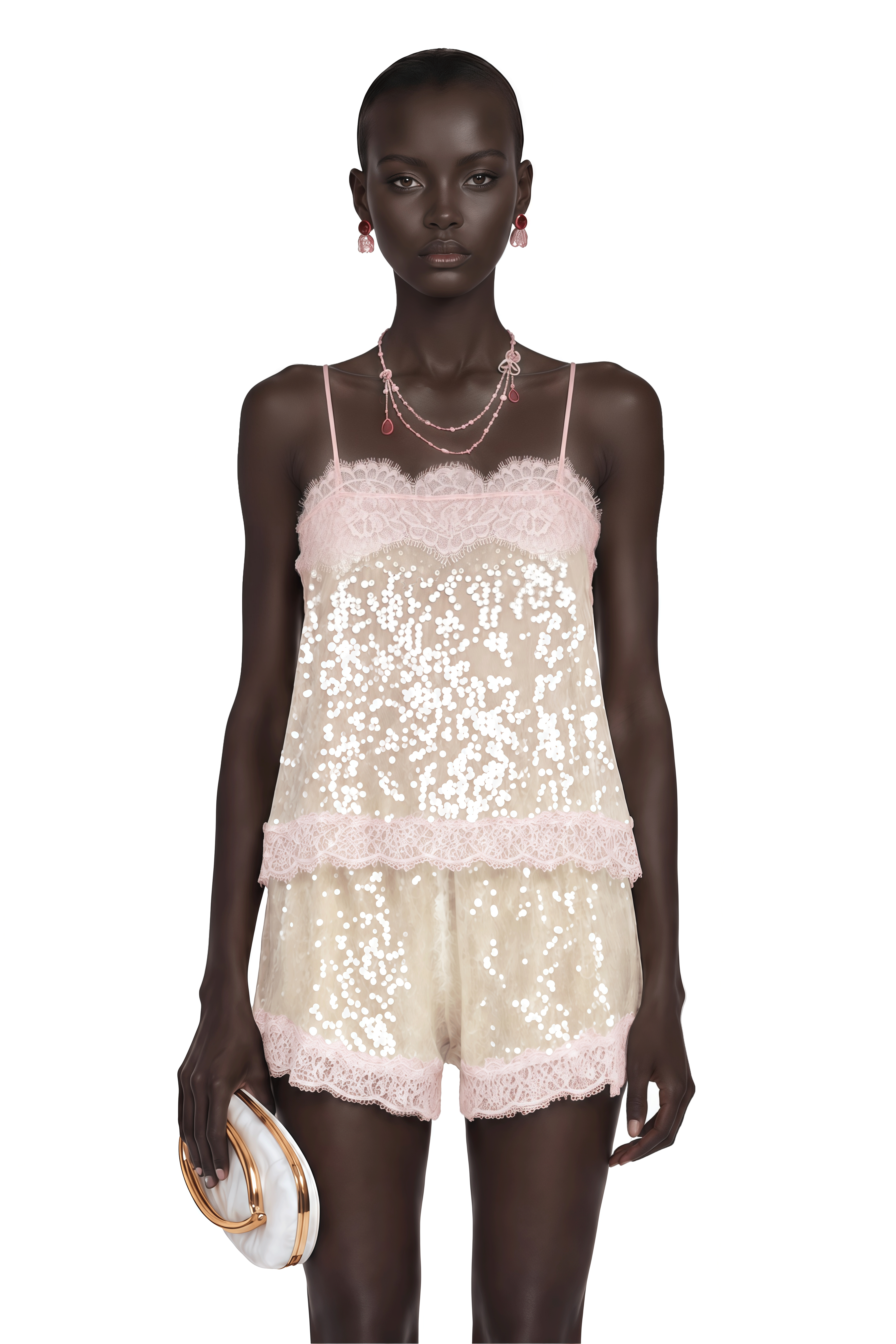 Fiona Neutral Sequin Top & Shorts Set with Lace Trim