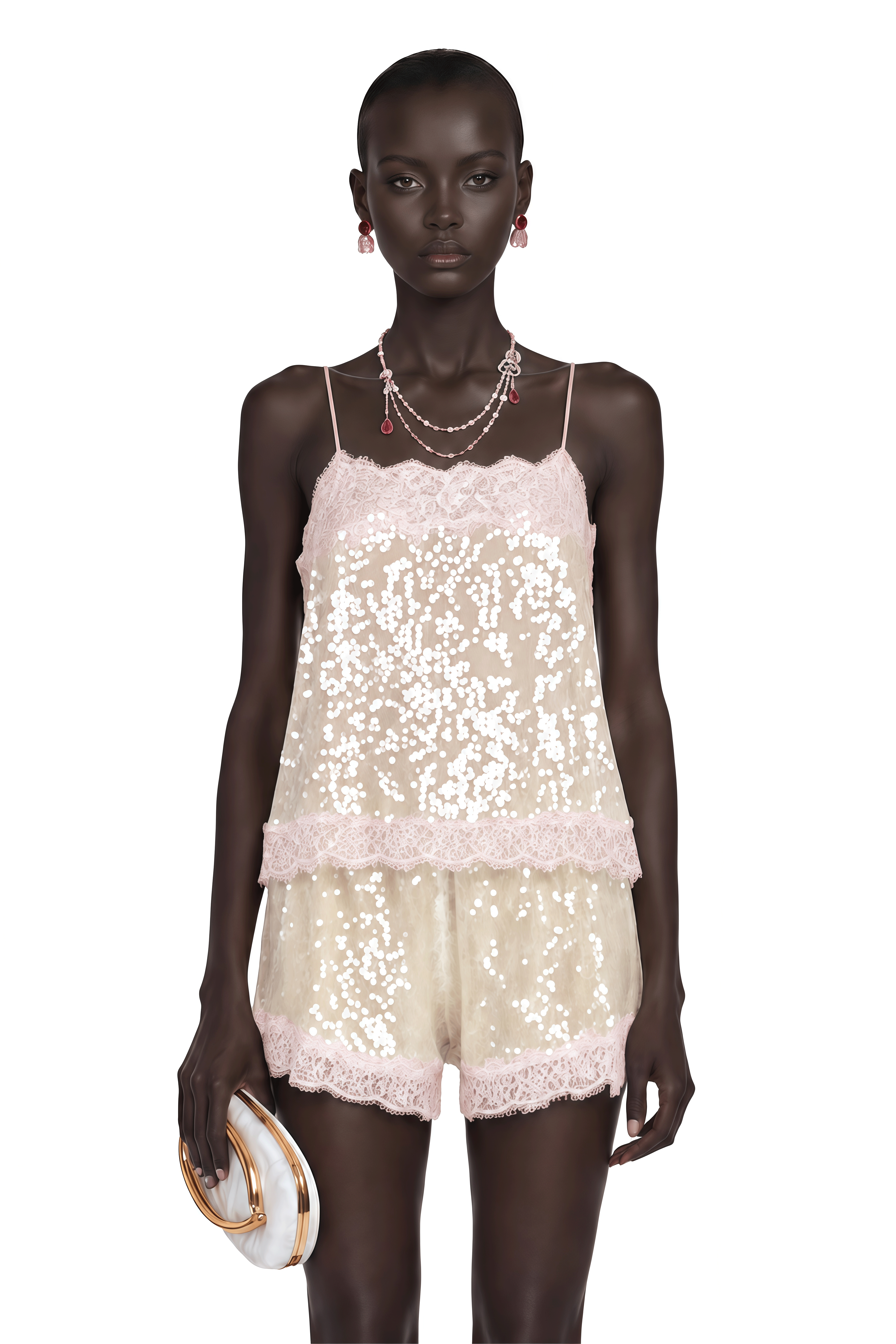 Fiona Neutral Sequin Top & Shorts Set with Lace Trim