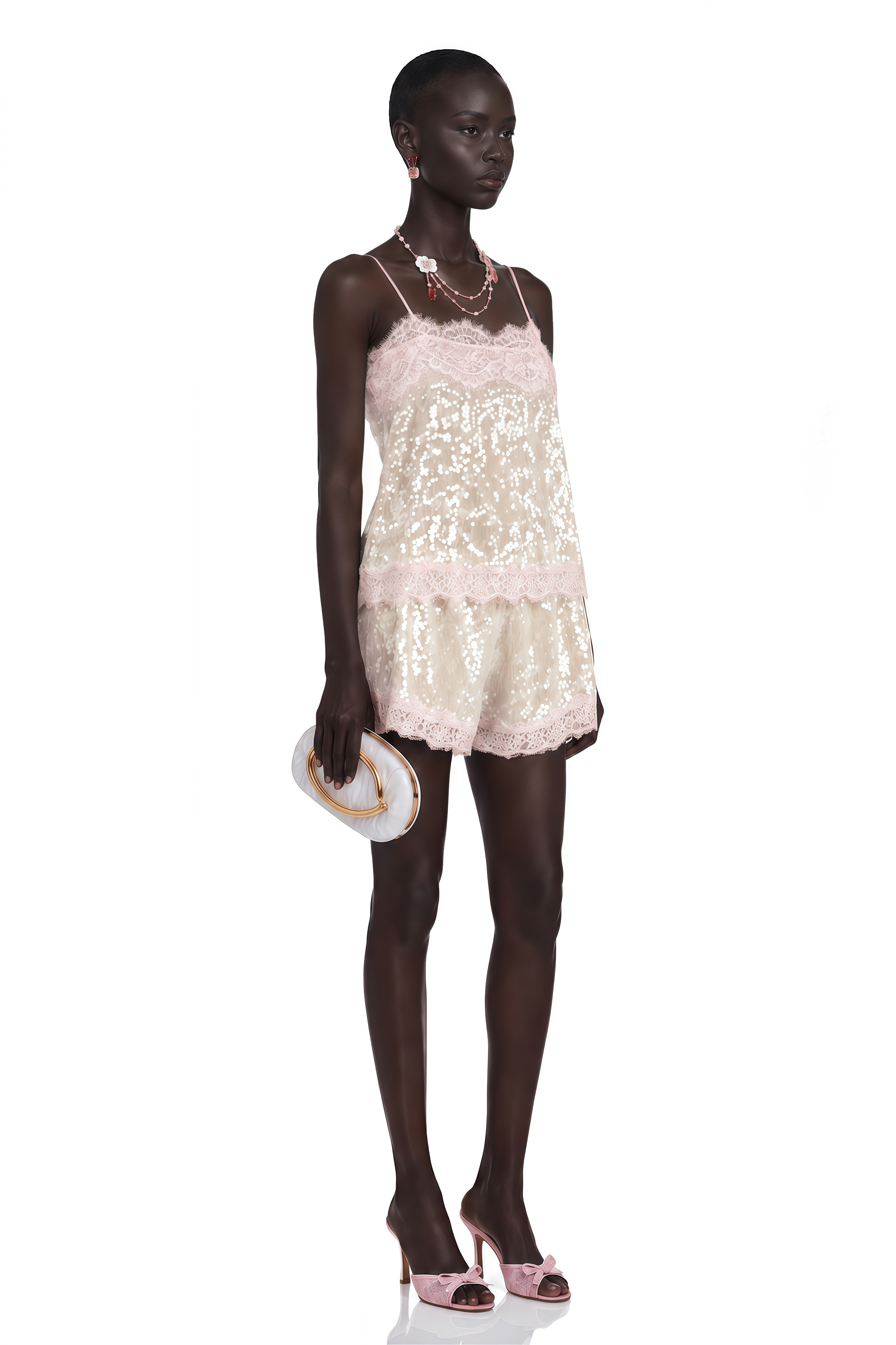 Fiona Neutral Sequin Top & Shorts Set with Lace Trim