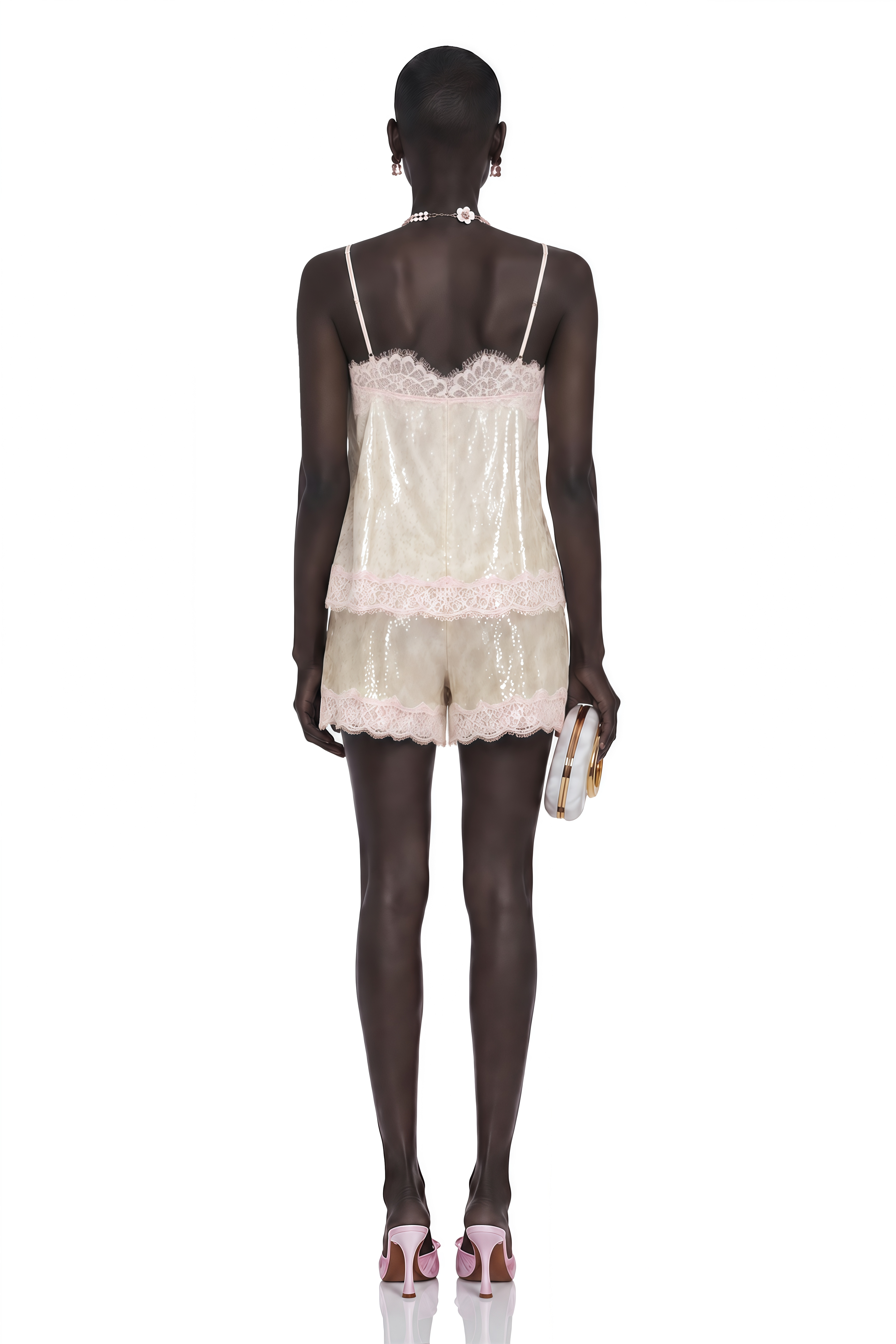 Fiona Neutral Sequin Top & Shorts Set with Lace Trim