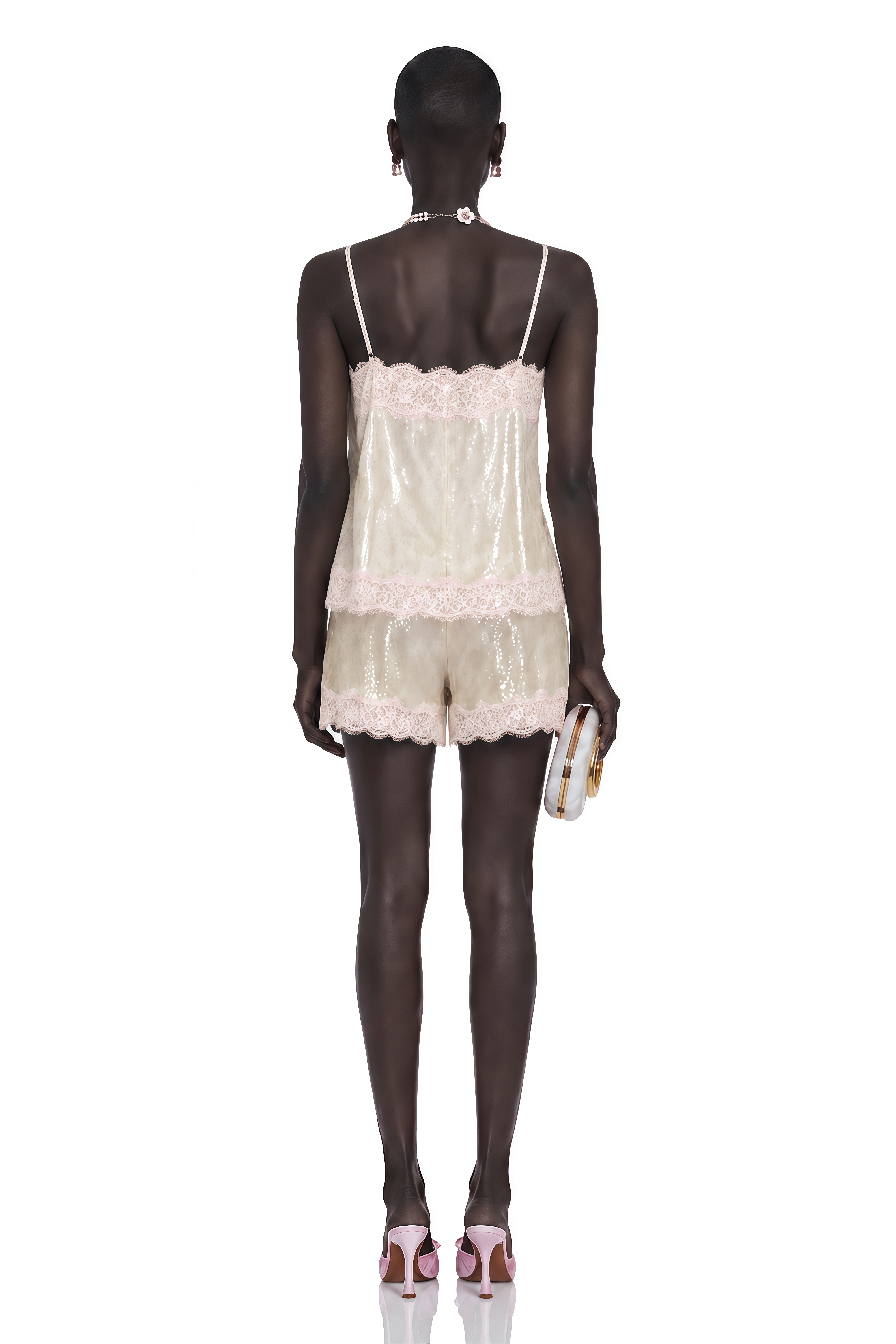 Fiona Neutral Sequin Top & Shorts Set with Lace Trim