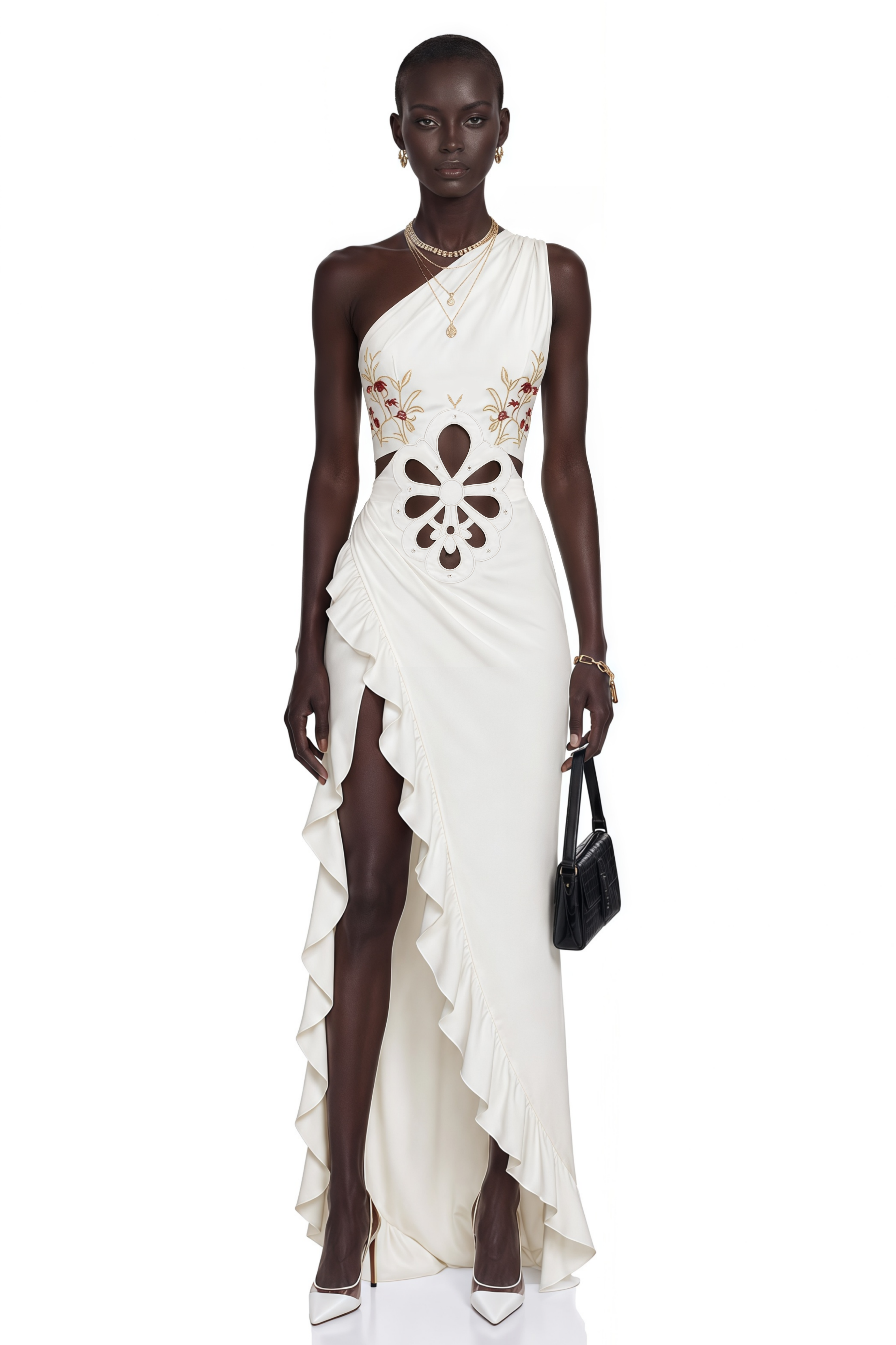 Fiorella White One-Shoulder Floral Cut-Out Ruffle Maxi Dress