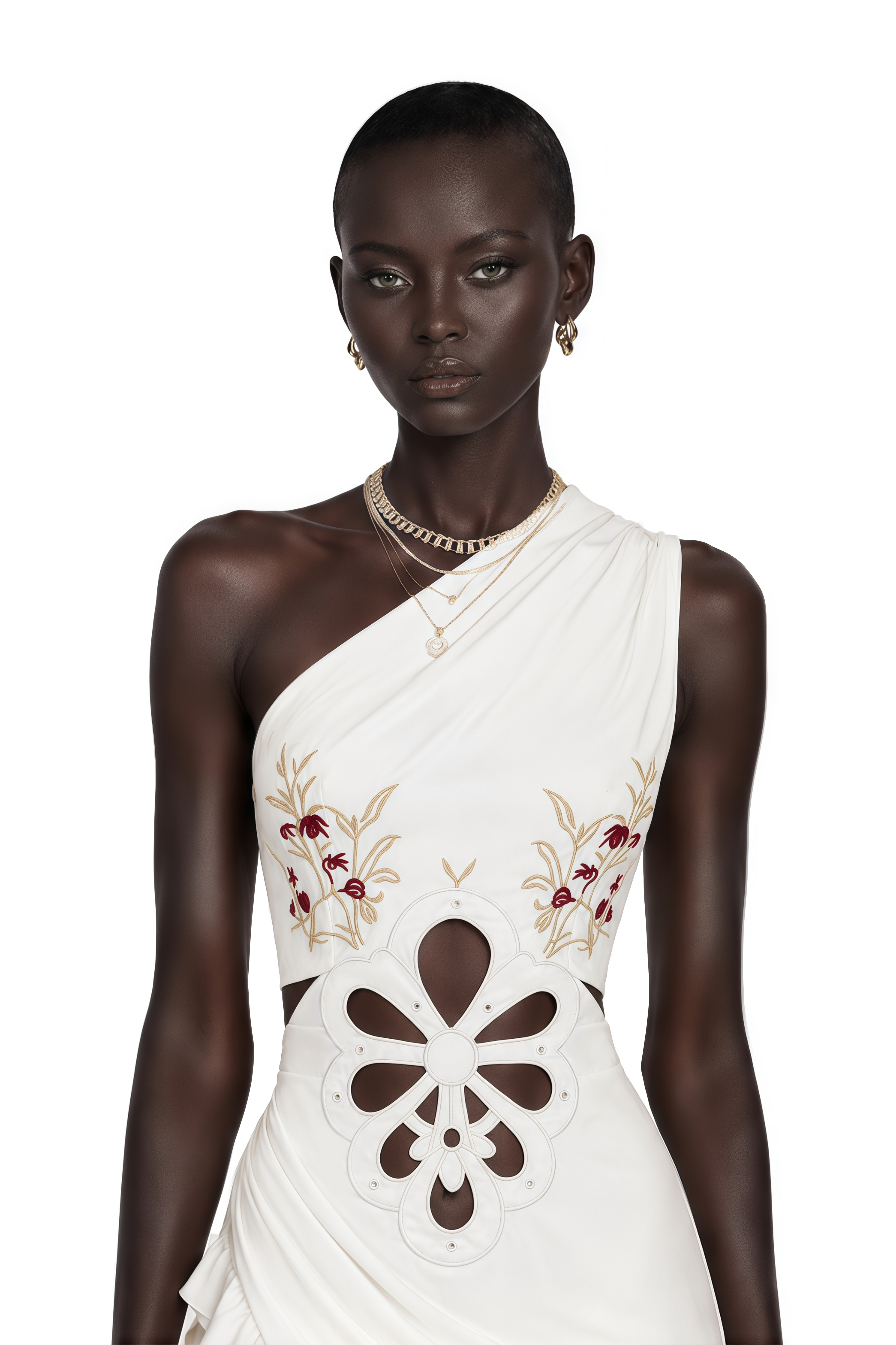 Fiorella White One-Shoulder Floral Cut-Out Ruffle Maxi Dress