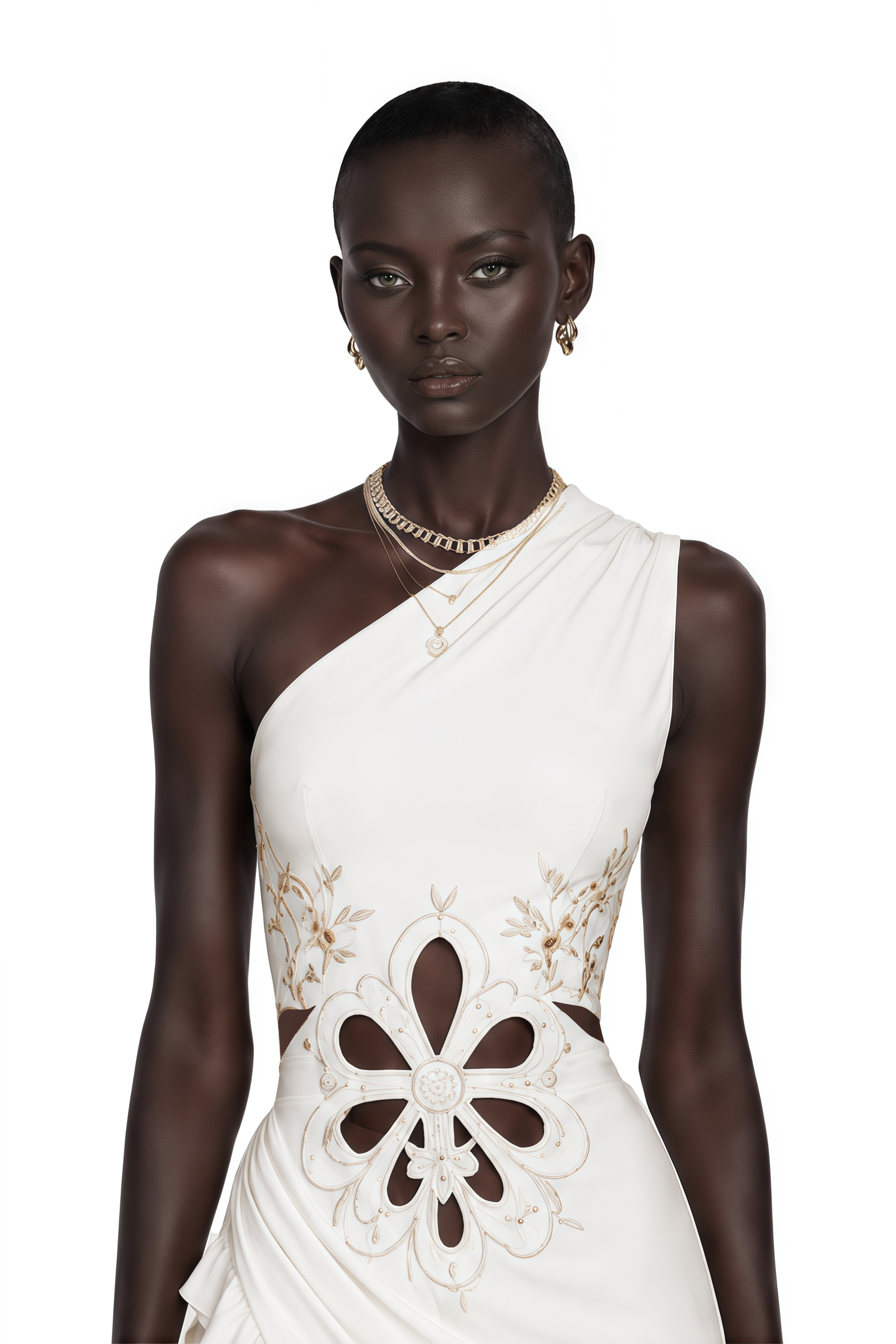 Fiorella White One-Shoulder Floral Cut-Out Ruffle Maxi Dress