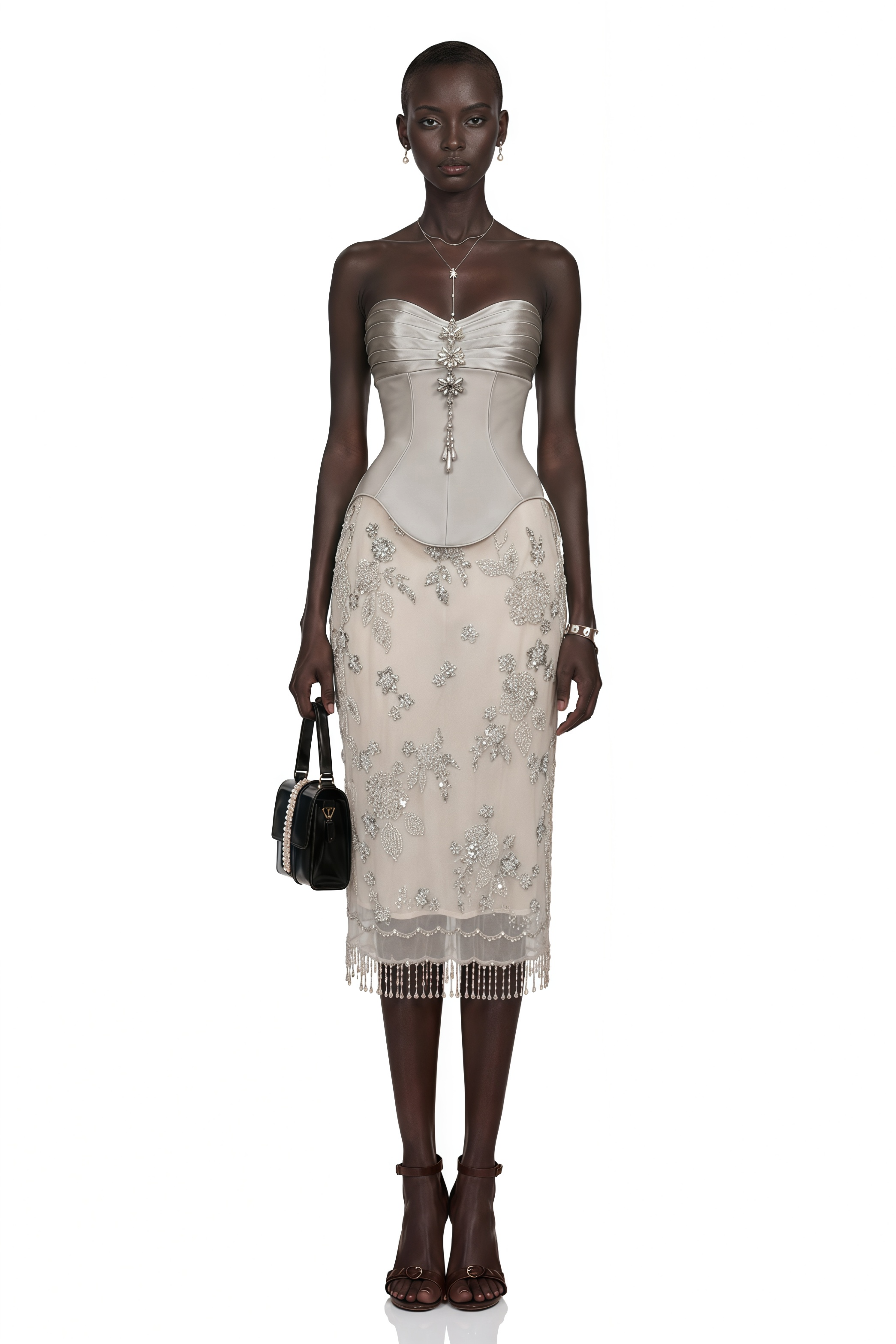 Fiorinda Champagne Strapless Corset Top & Beaded Floral Skirt Set