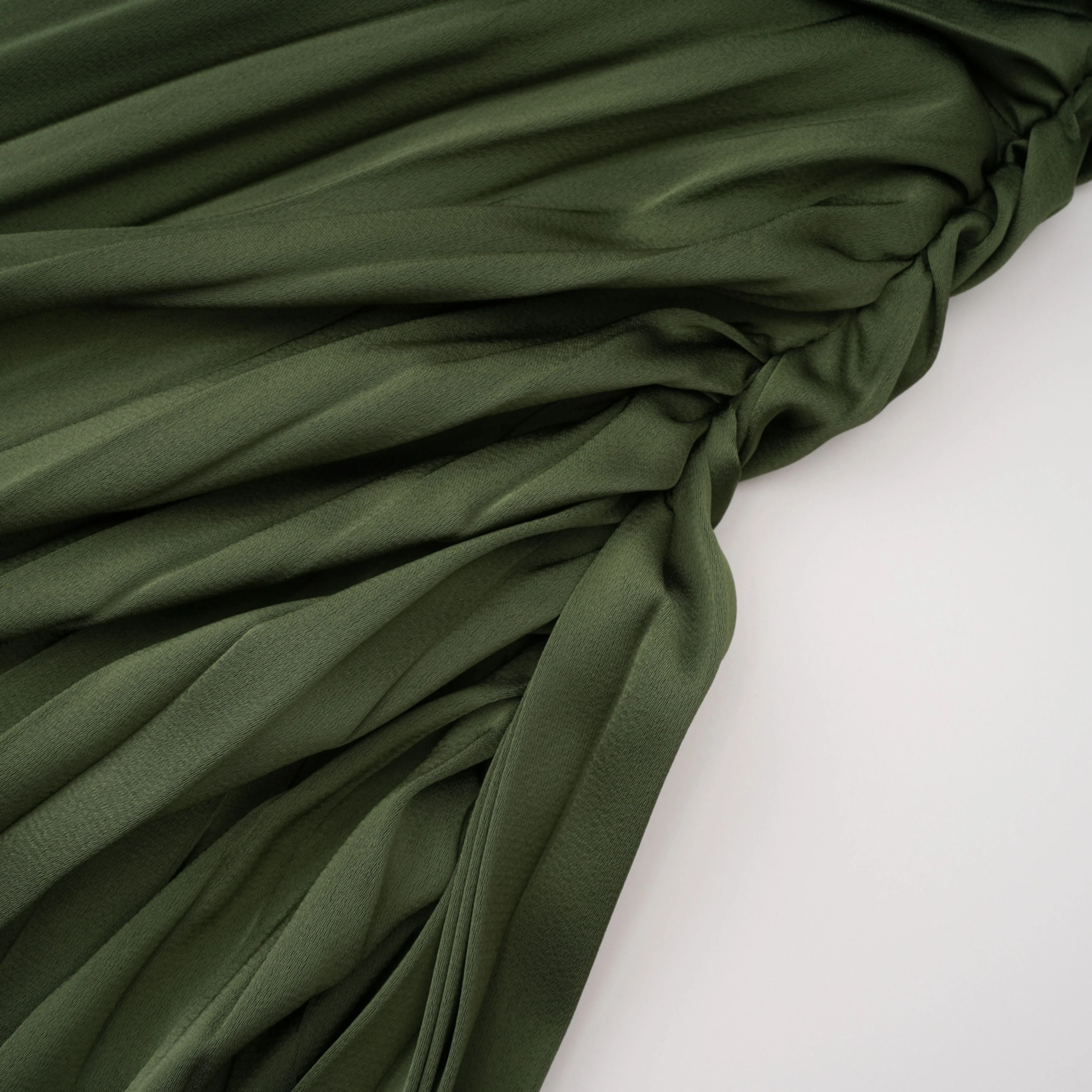 Olive green maxi dress with a pleated one-shoulder neckline and fully pleated draped skirt