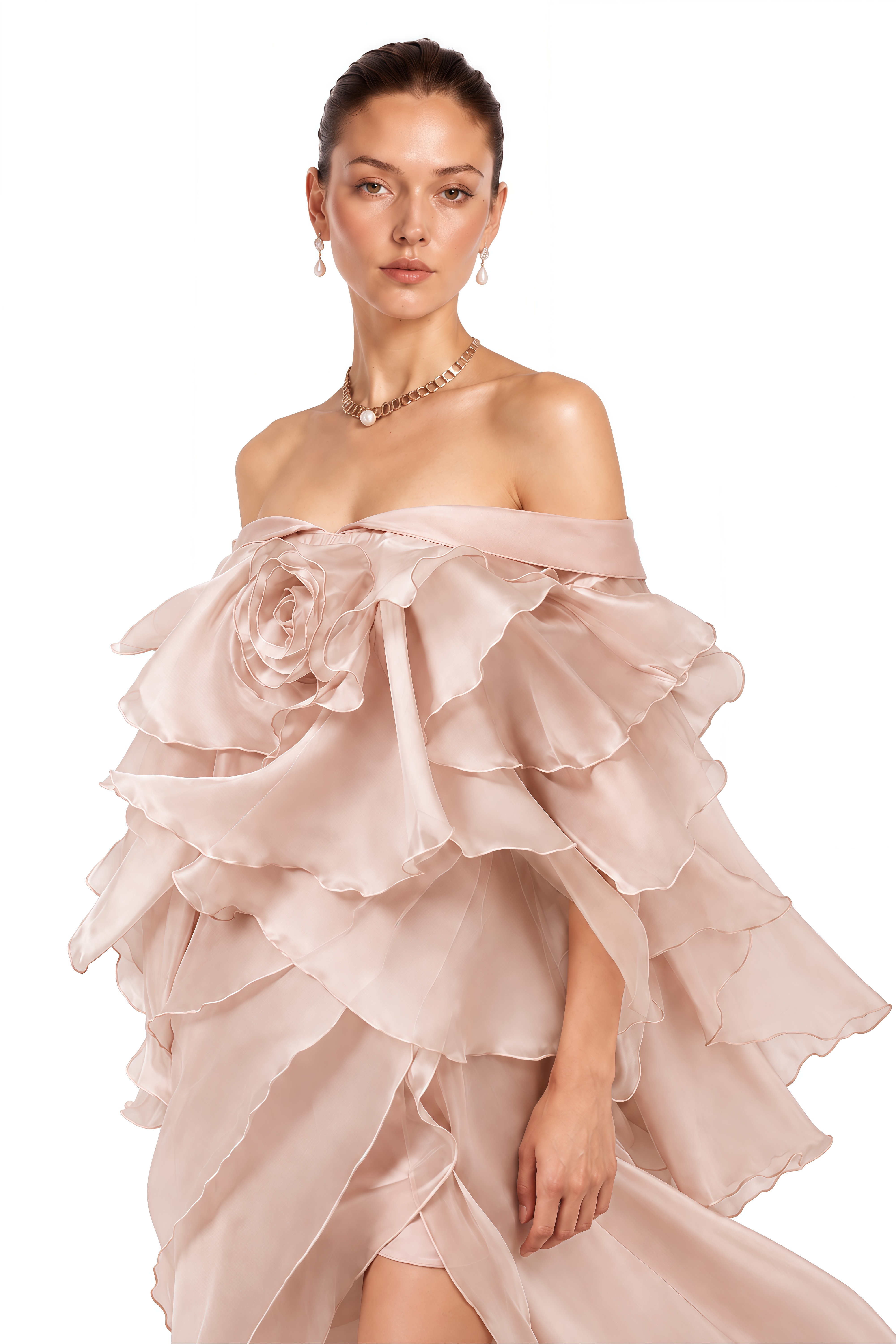 Floriana Blush Pink 3D Floral Ruffle Maxi Dress