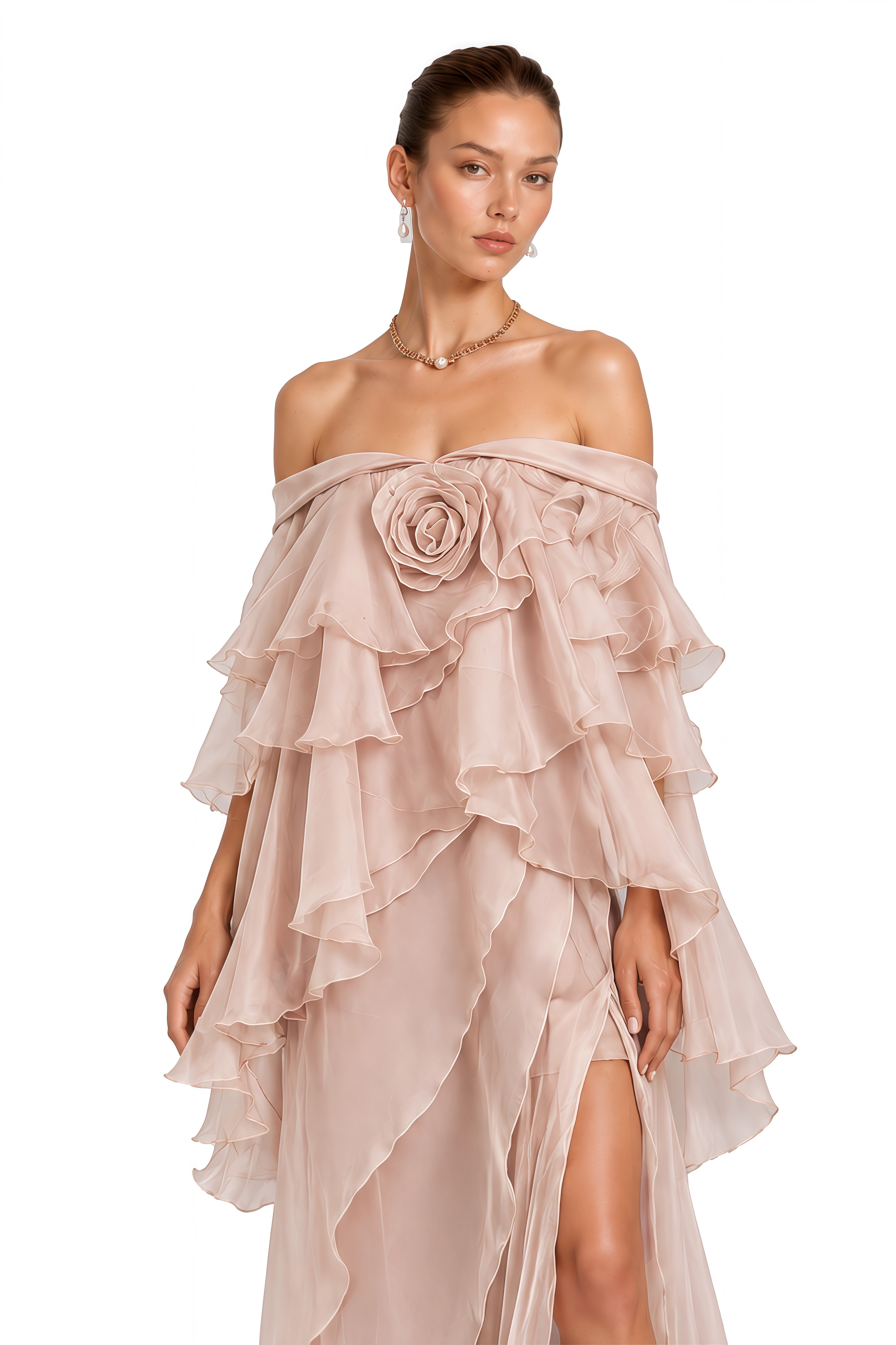 Floriana Blush Pink 3D Floral Ruffle Maxi Dress
