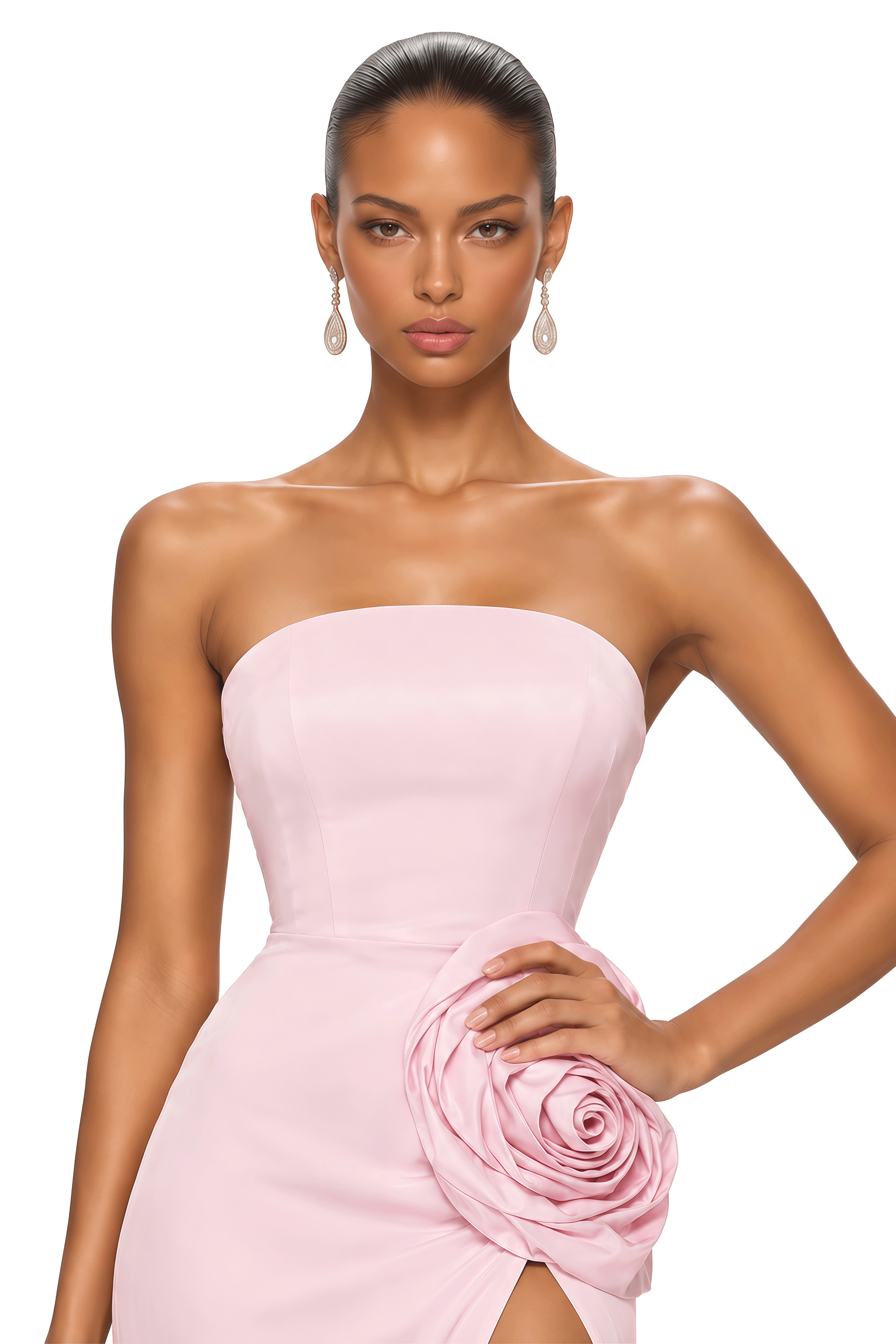 Floriane Pink 3D Rose Strapless Maxi Dress