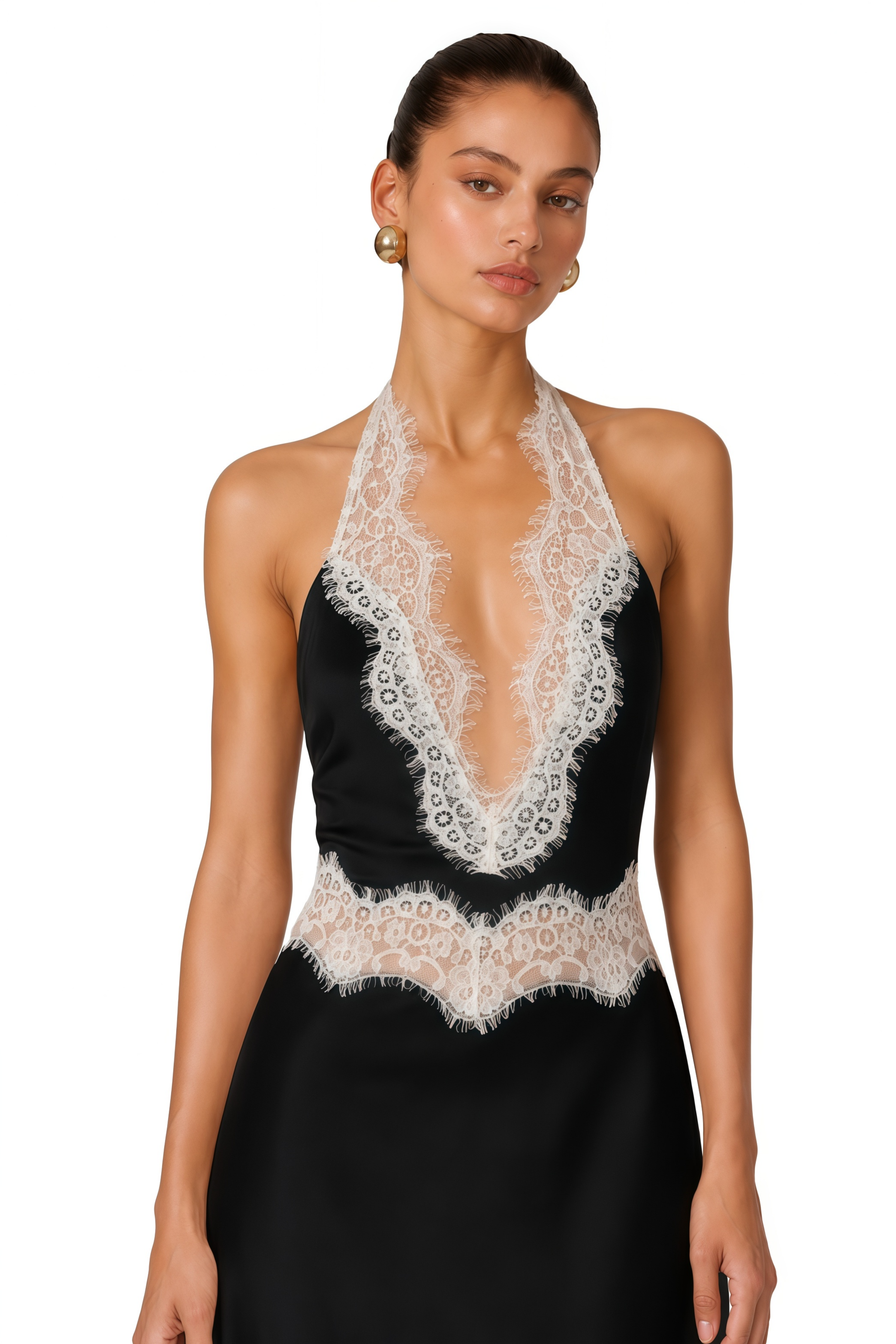 Francesca Black Lace Trim Halterneck Maxi Dress
