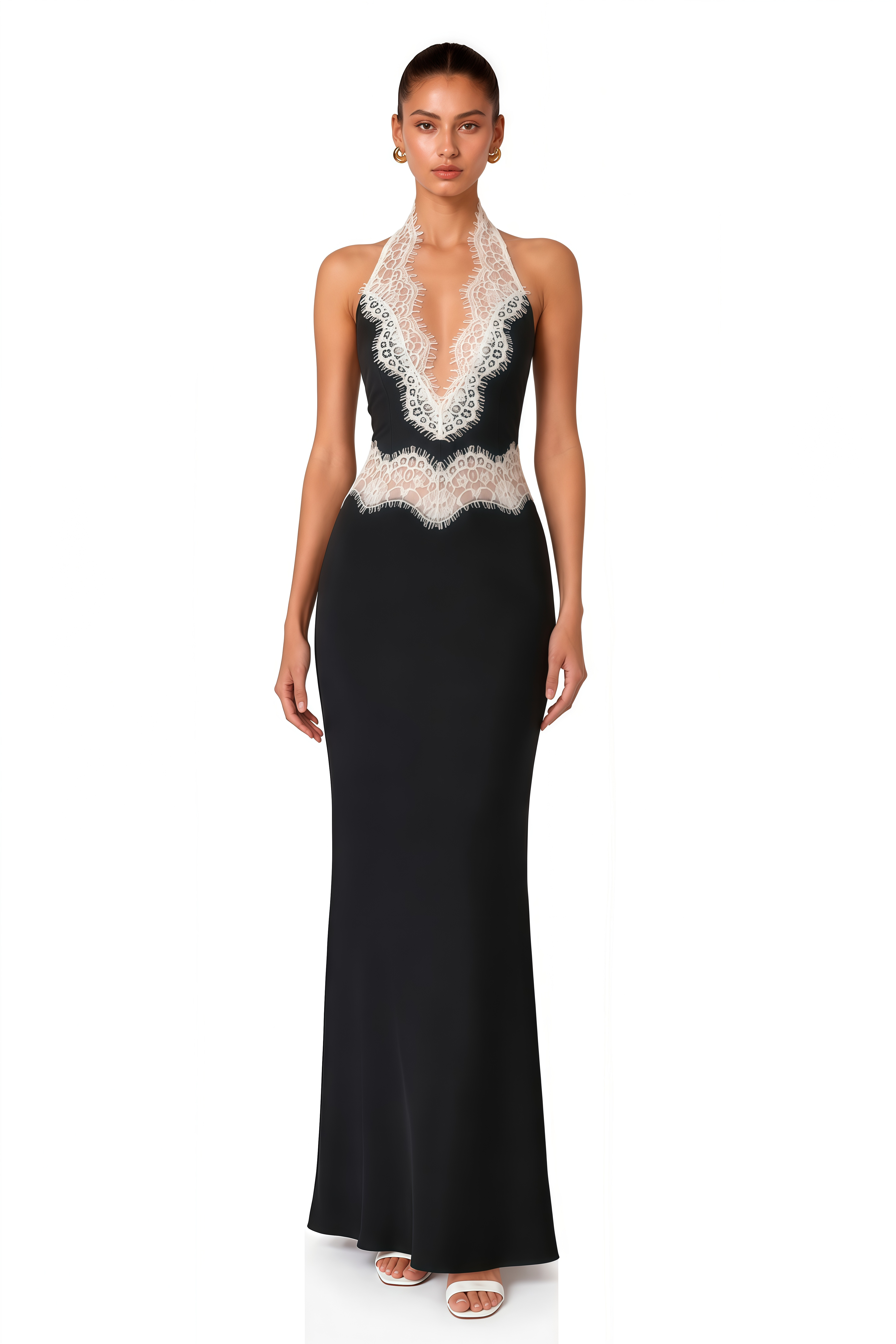 Francesca Black Lace Trim Halterneck Maxi Dress