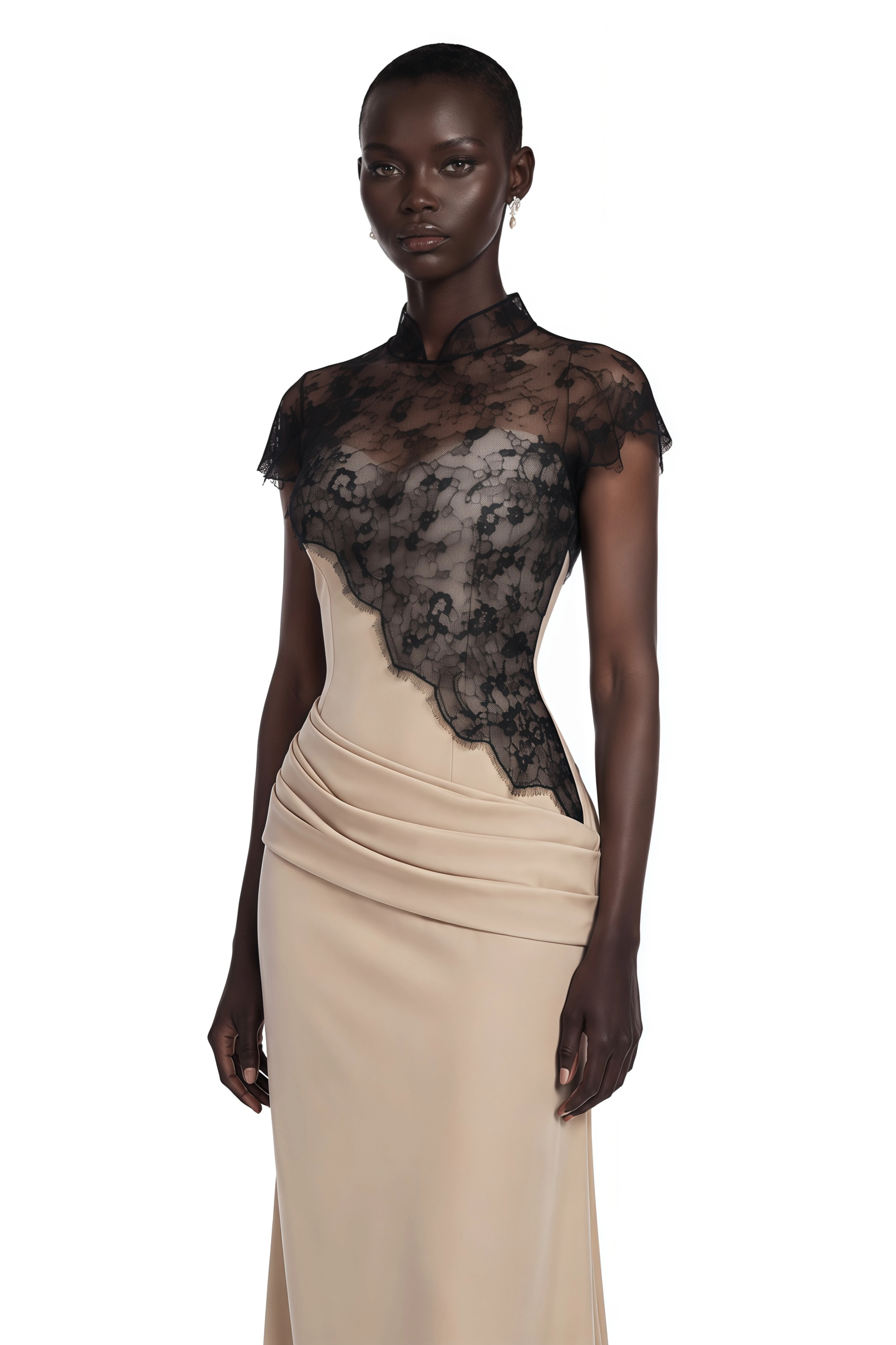 Francesca Neutral Ruched Maxi Dress & Lace Cape Set