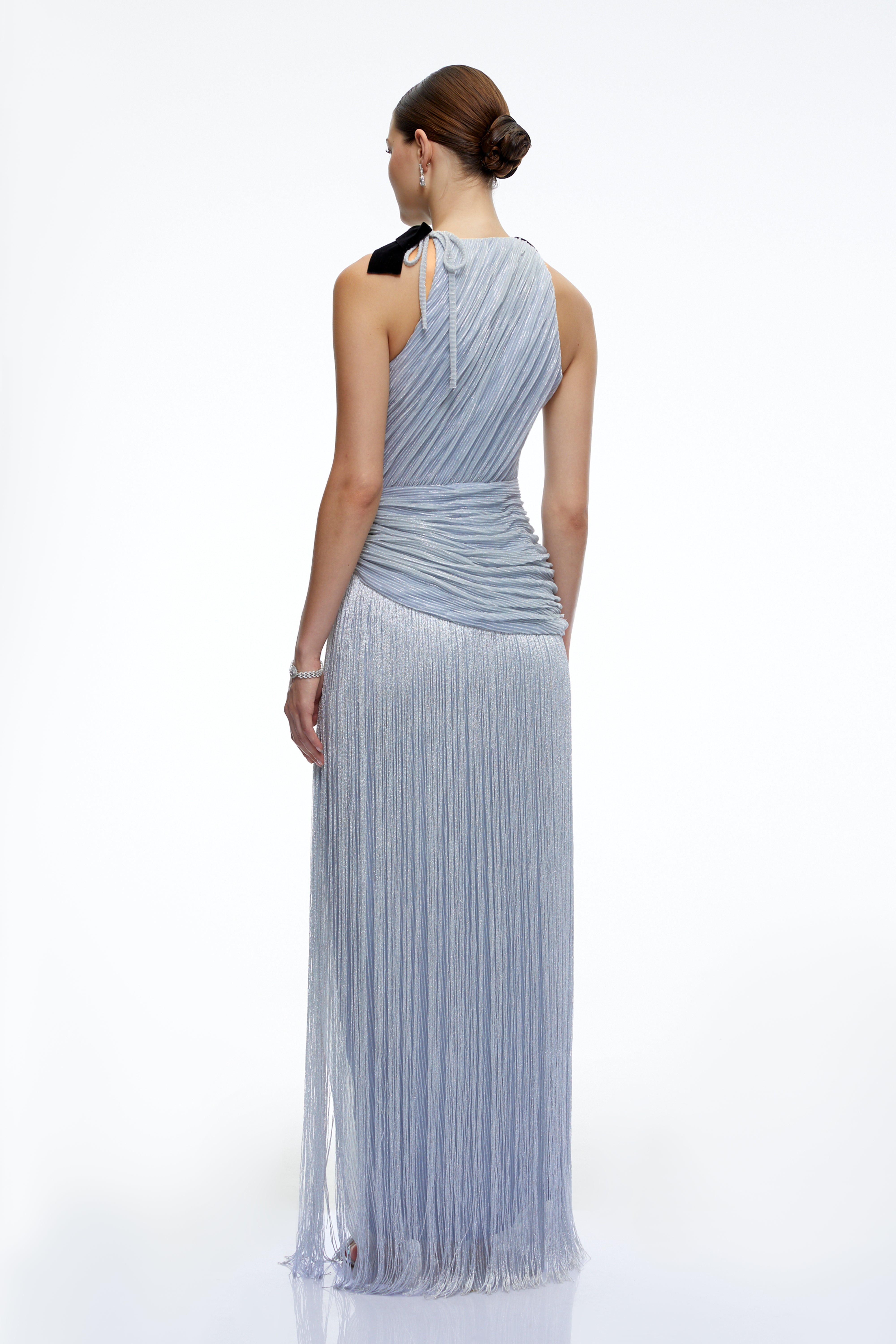 Francesca Silver Fringe Maxi Dress with Bow