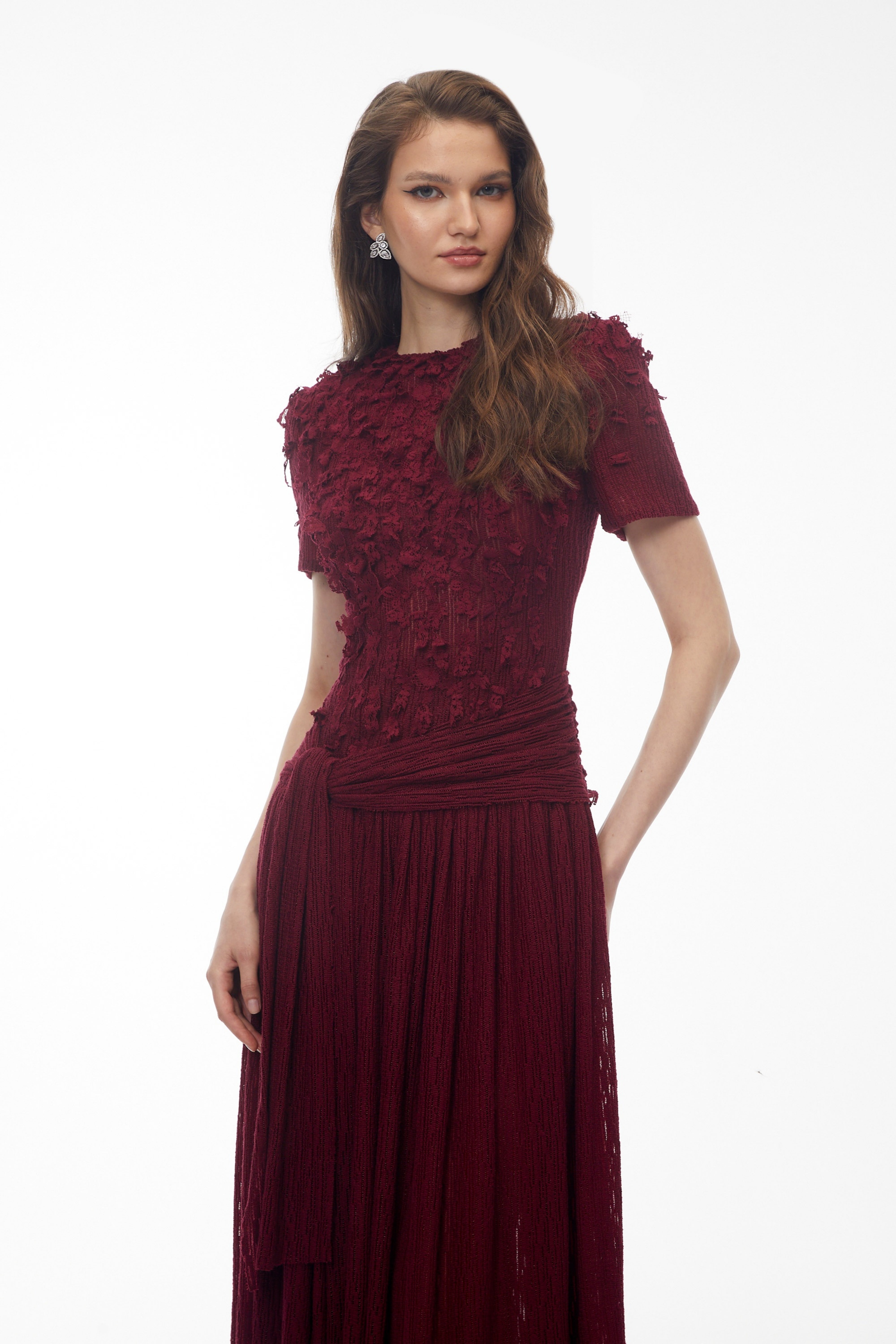 Francine Red Round Neck Midi Dress with 3D Petals