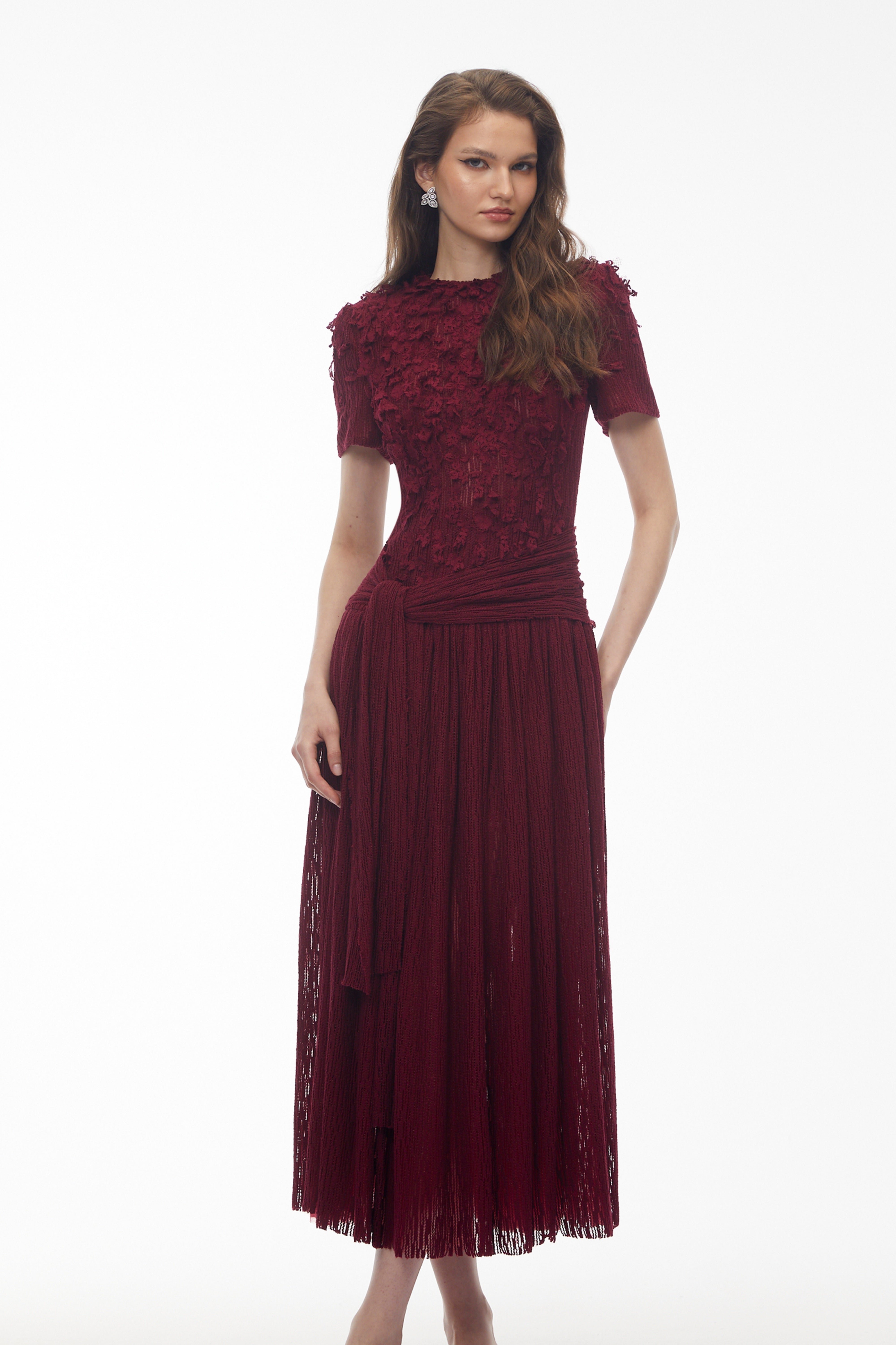 Francine Red Round Neck Midi Dress with 3D Petals