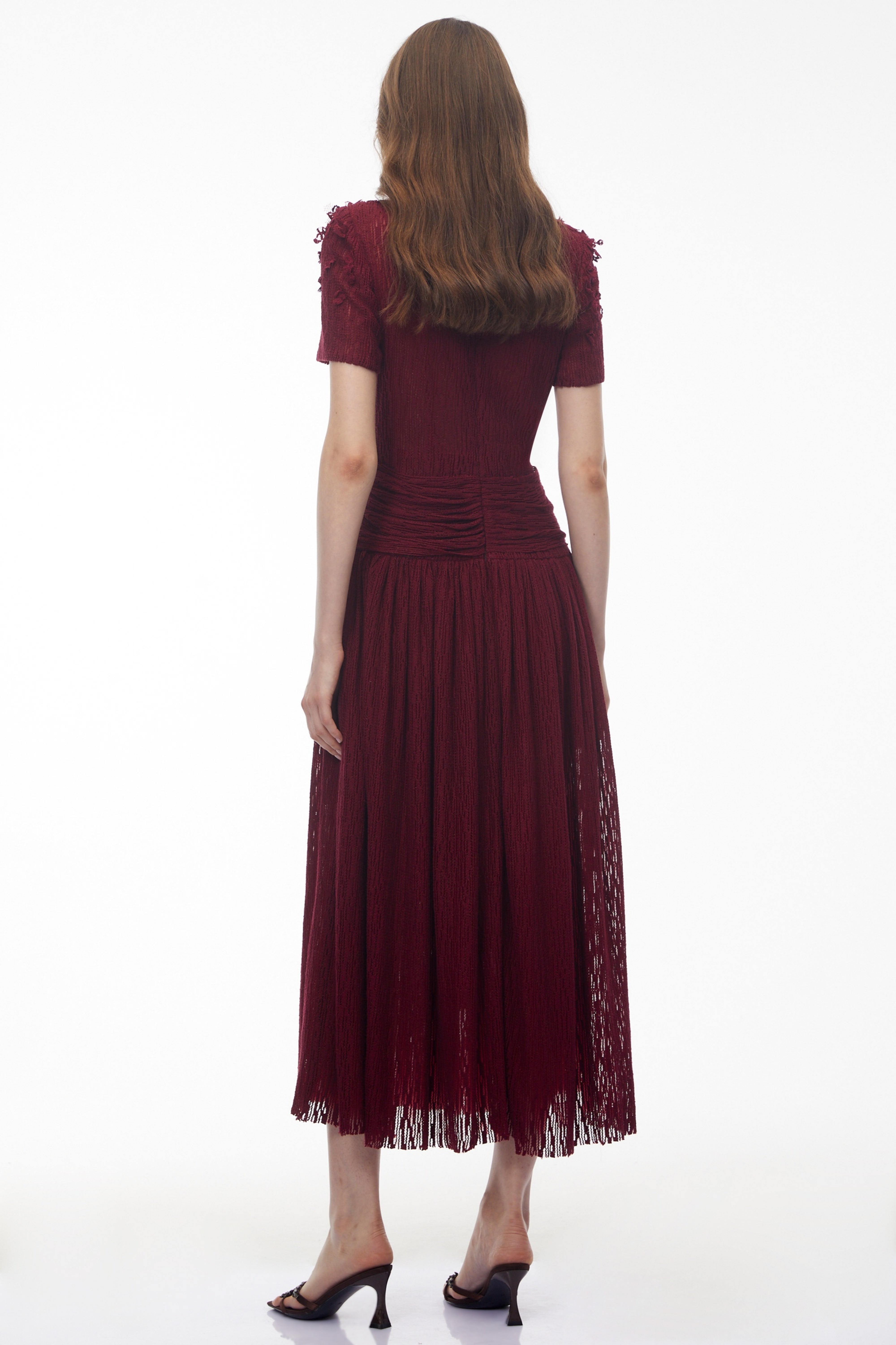 Francine Red Round Neck Midi Dress with 3D Petals