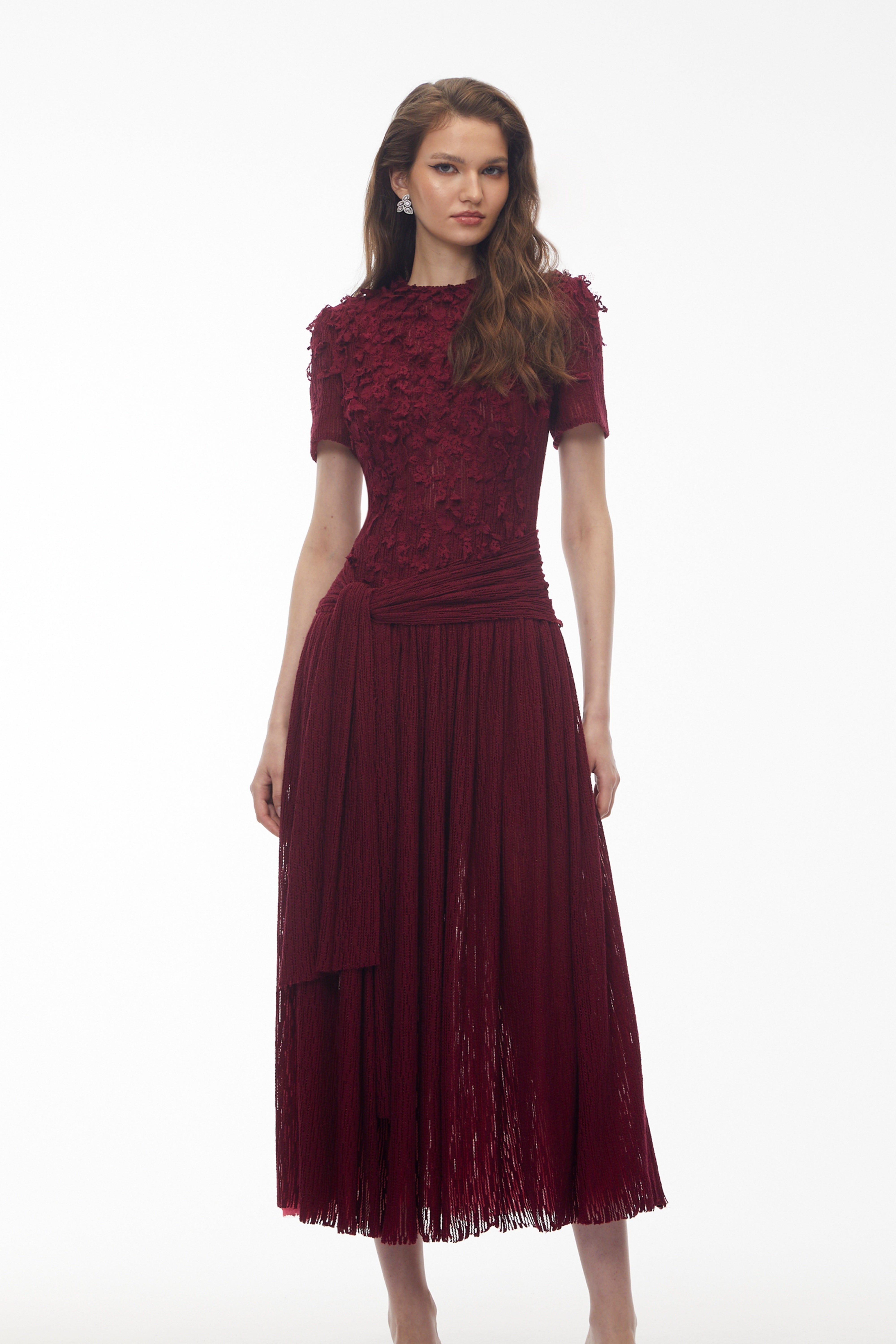 Francine Red Round Neck Midi Dress with 3D Petals