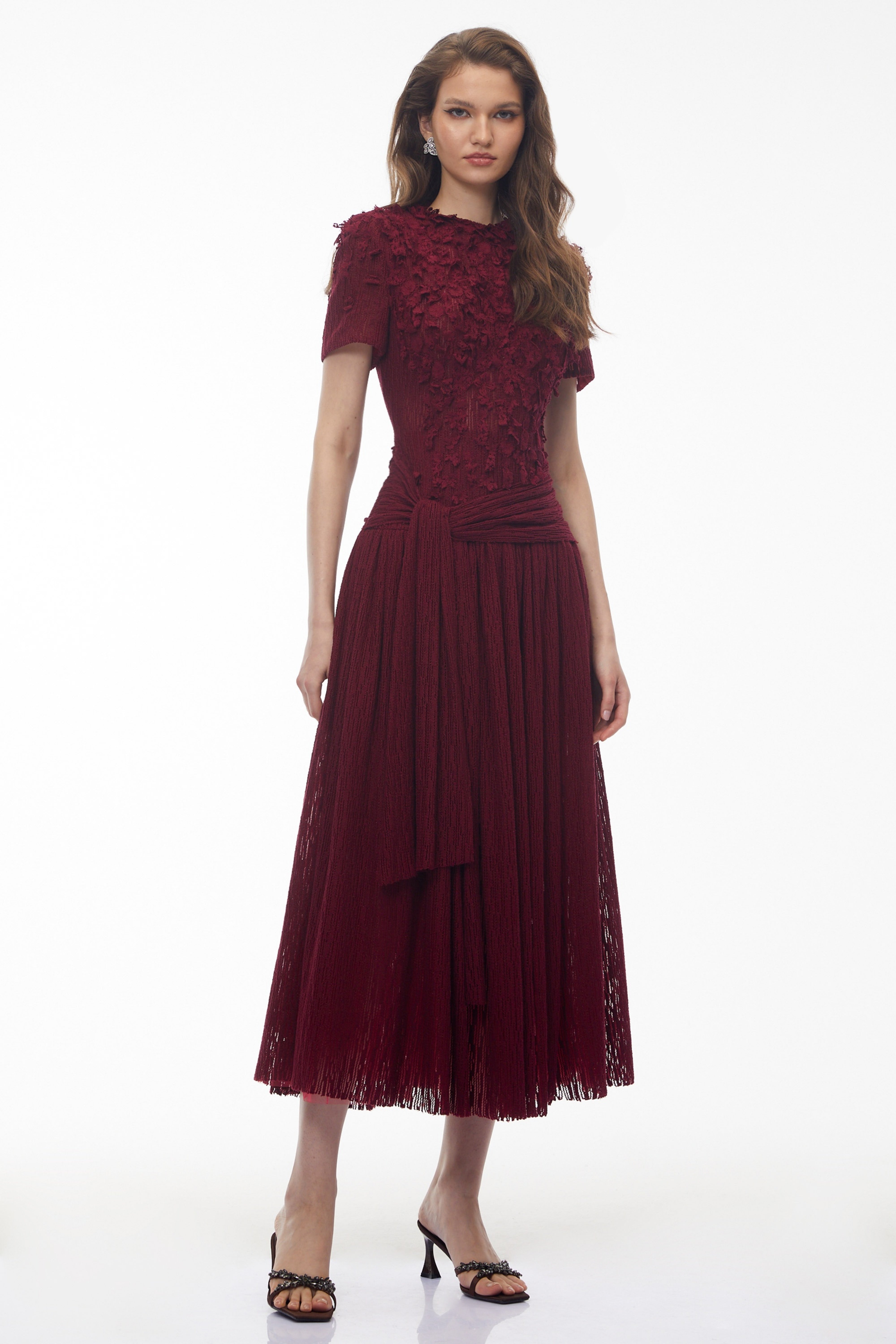 Francine Red Round Neck Midi Dress with 3D Petals