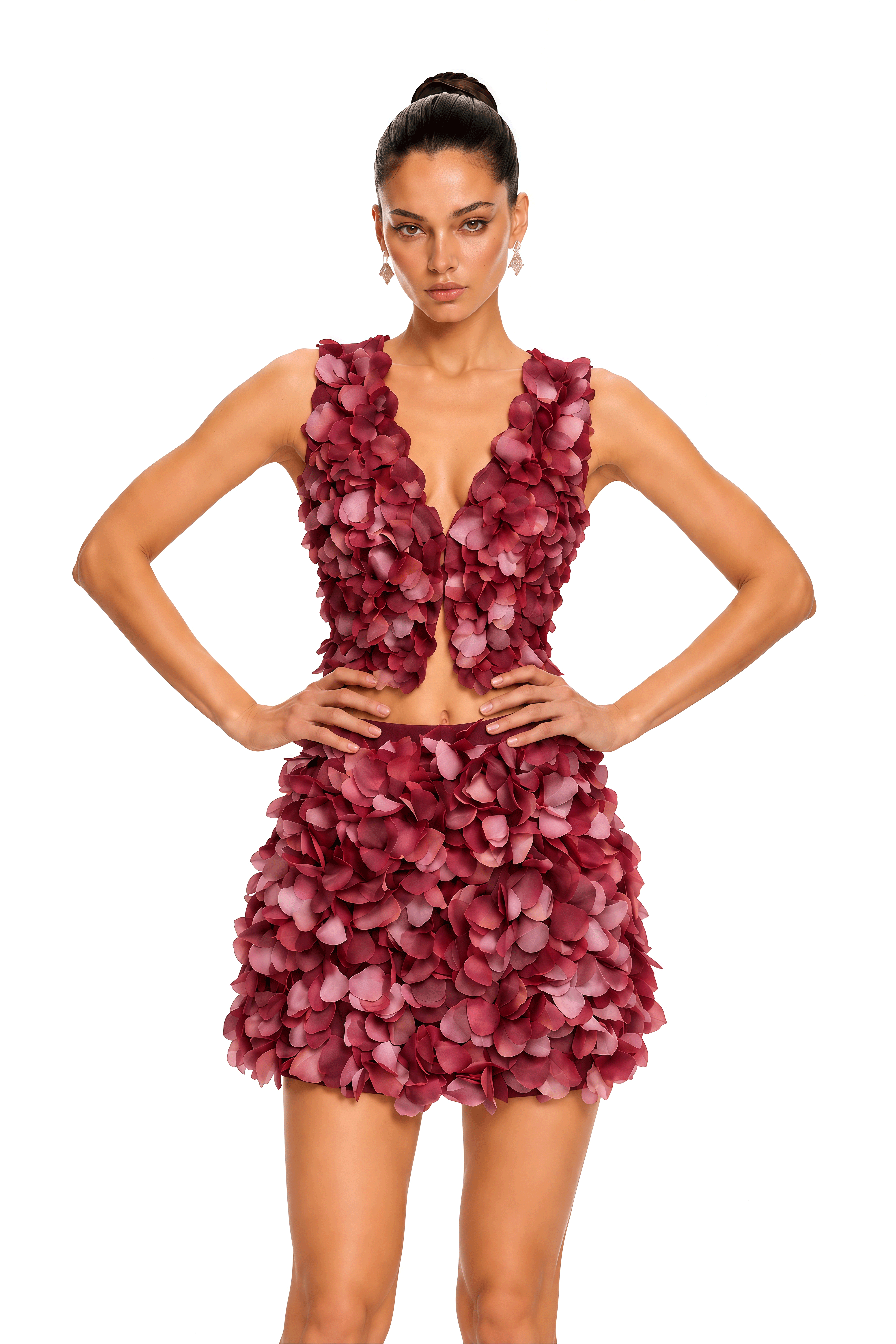 Freya Red Mini Skirt with Layered Leaf Detail