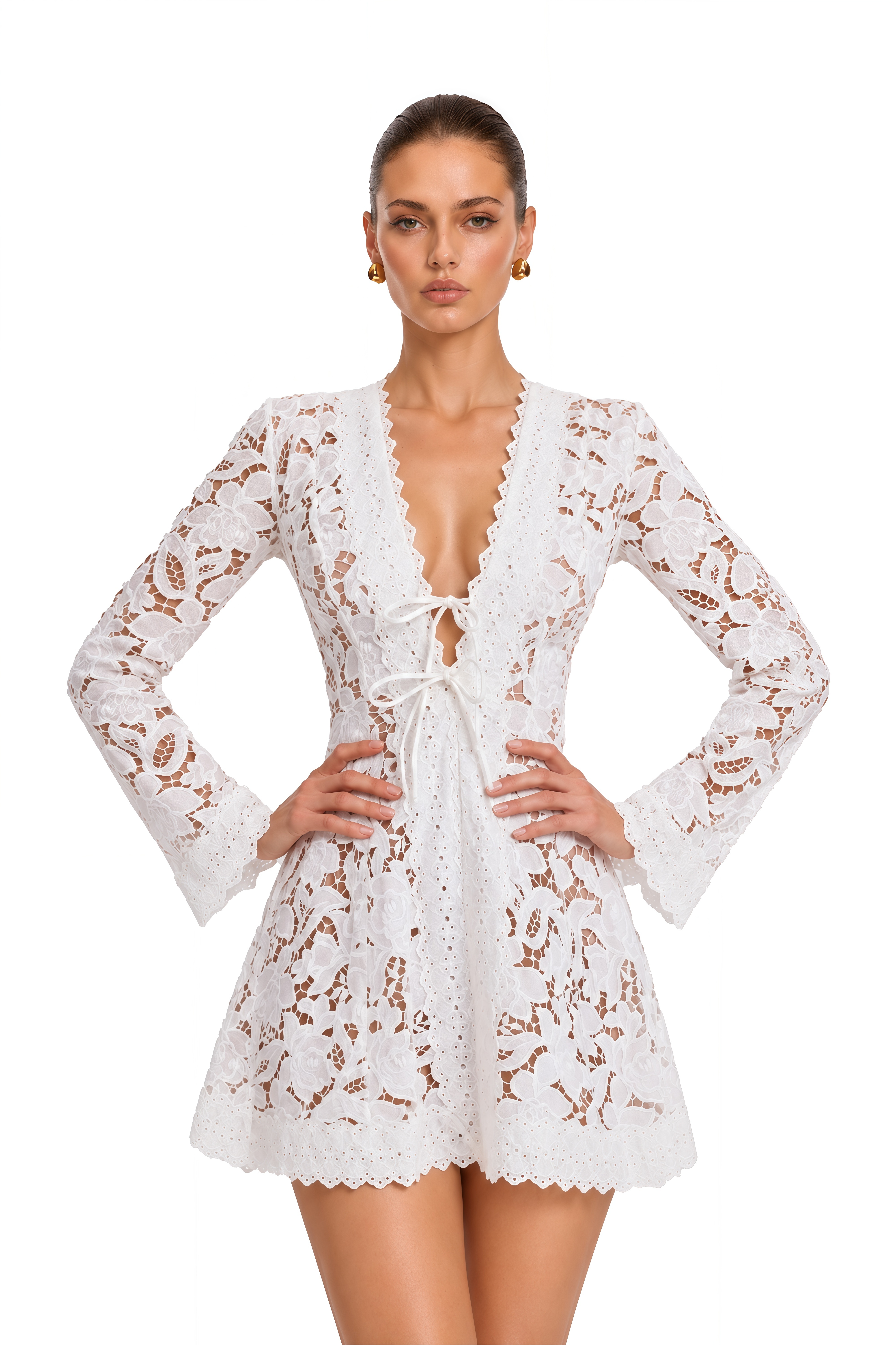 Freya White Floral Lace Tie Front Mini Dress