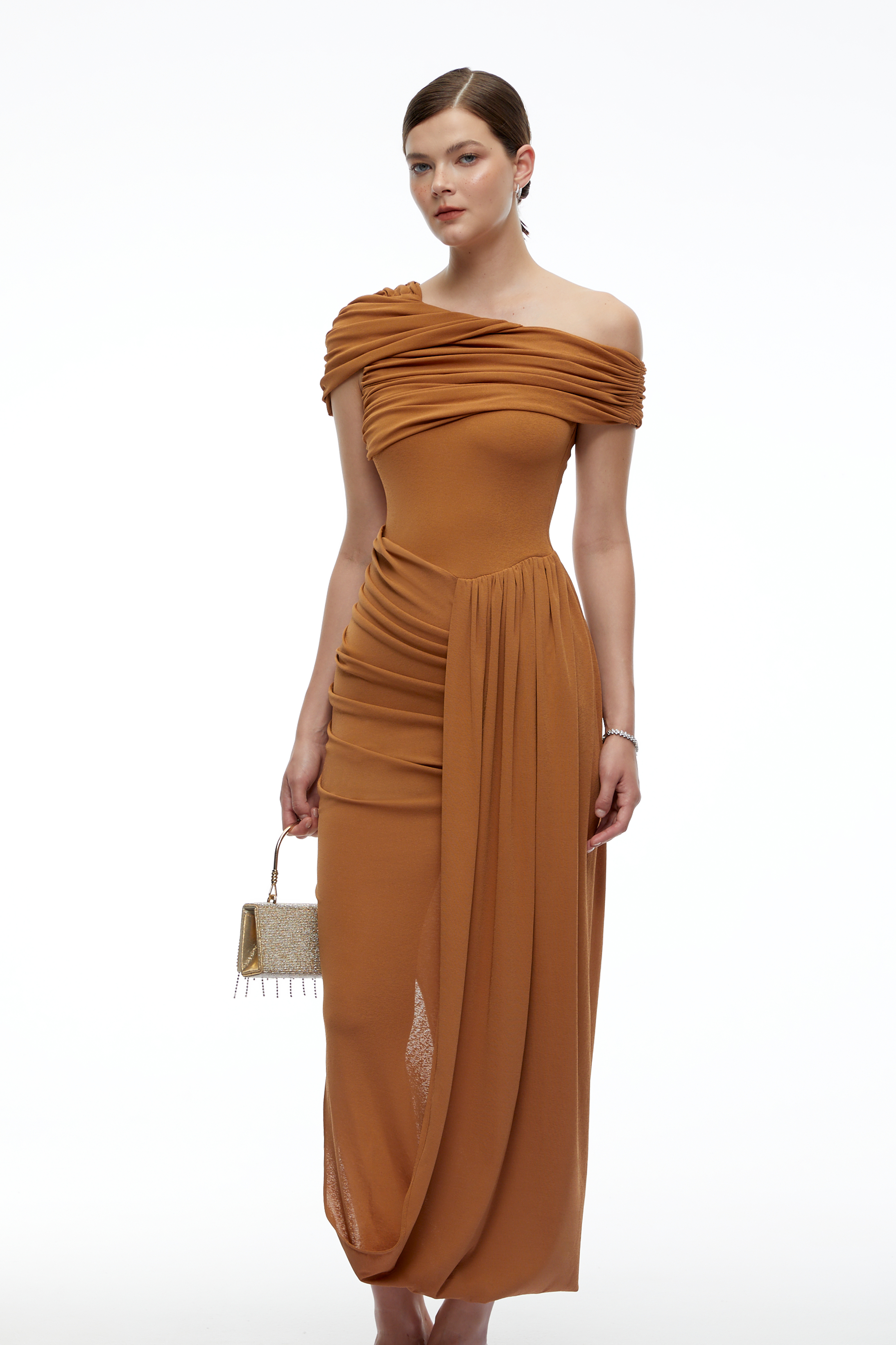 Friederike Brown One-Shoulder Ruched Maxi Dress