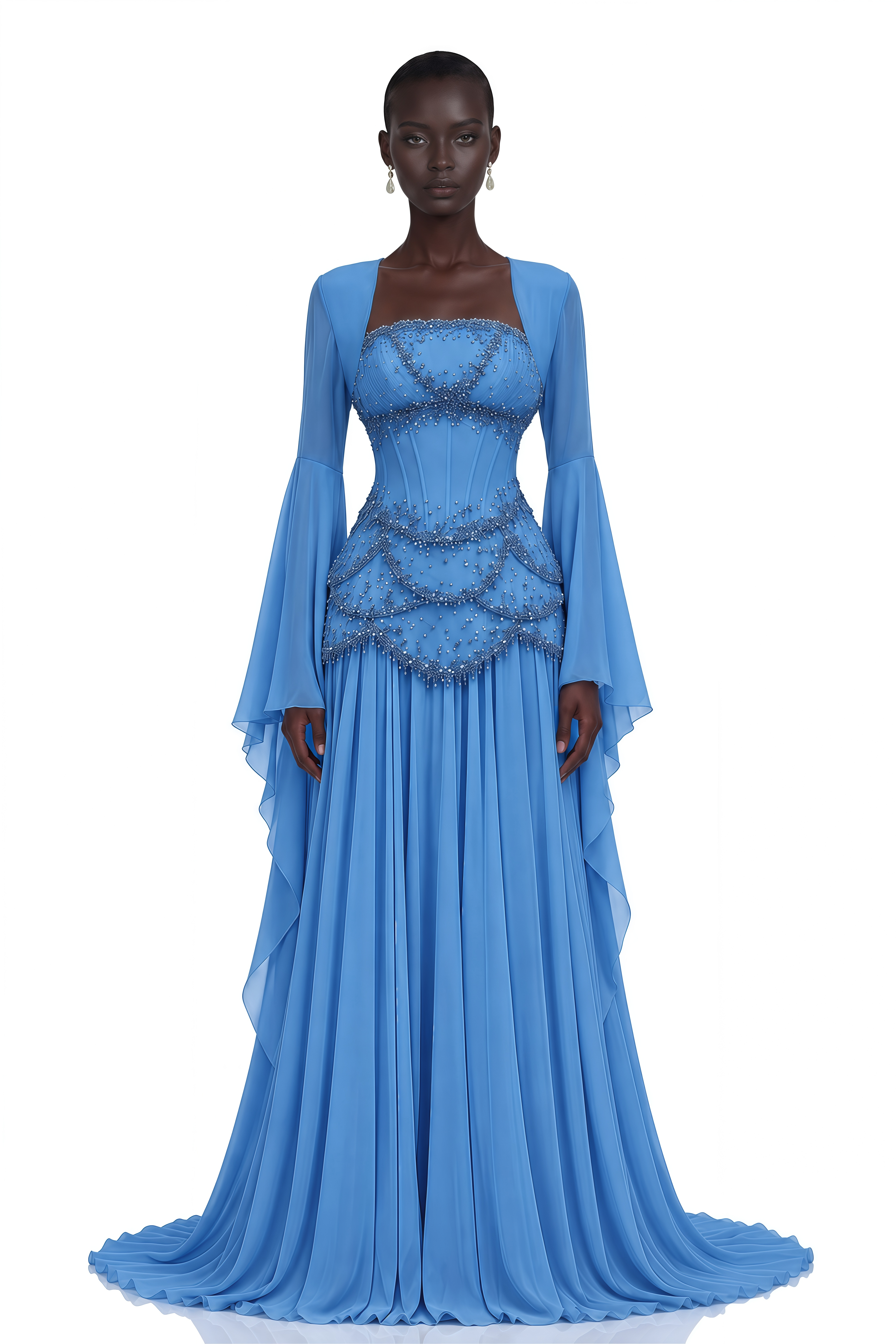 Gaëlle Blue Faux-pearl-embellished Pleated Maxi Dress