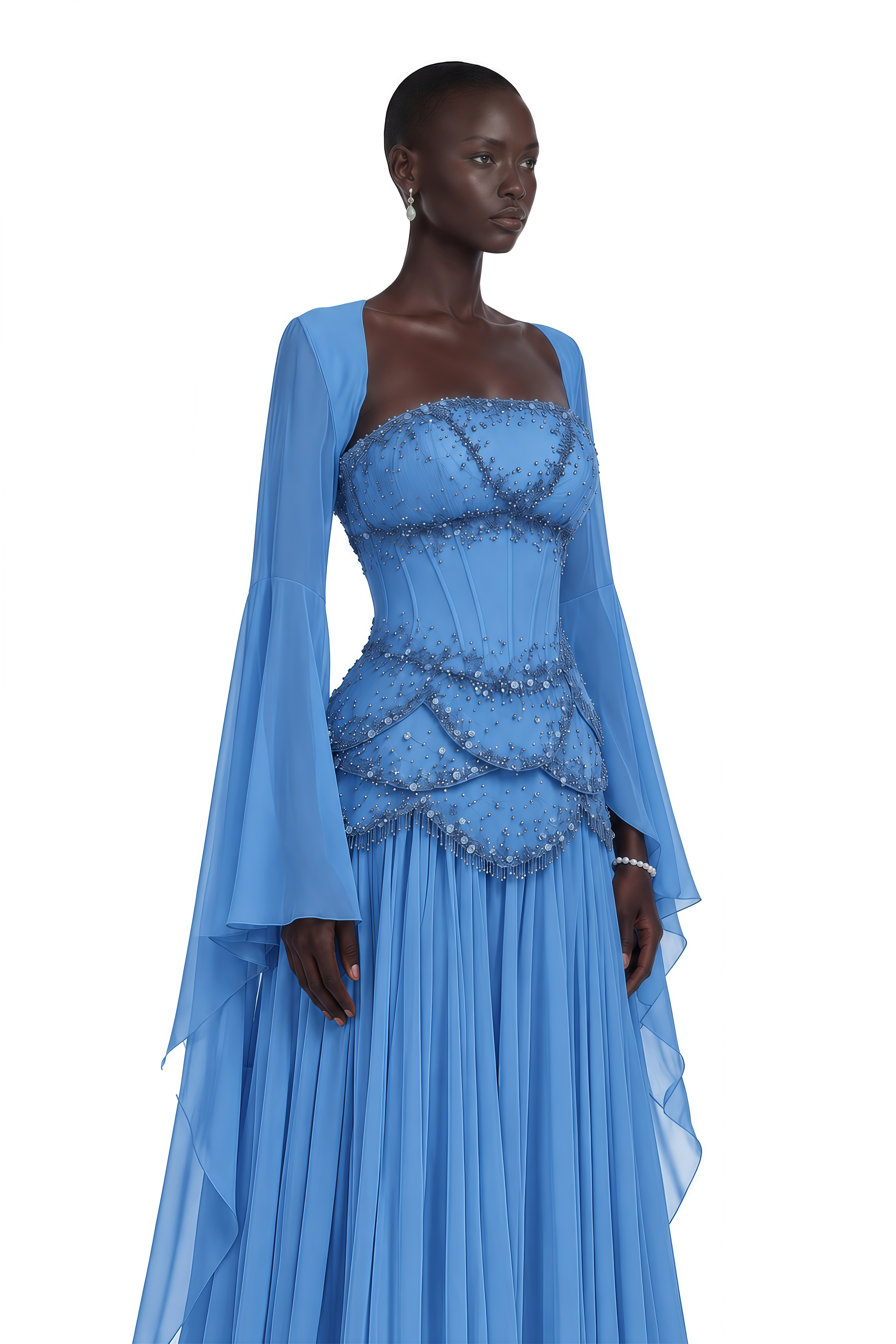 Gaëlle Blue Faux-pearl-embellished Pleated Maxi Dress