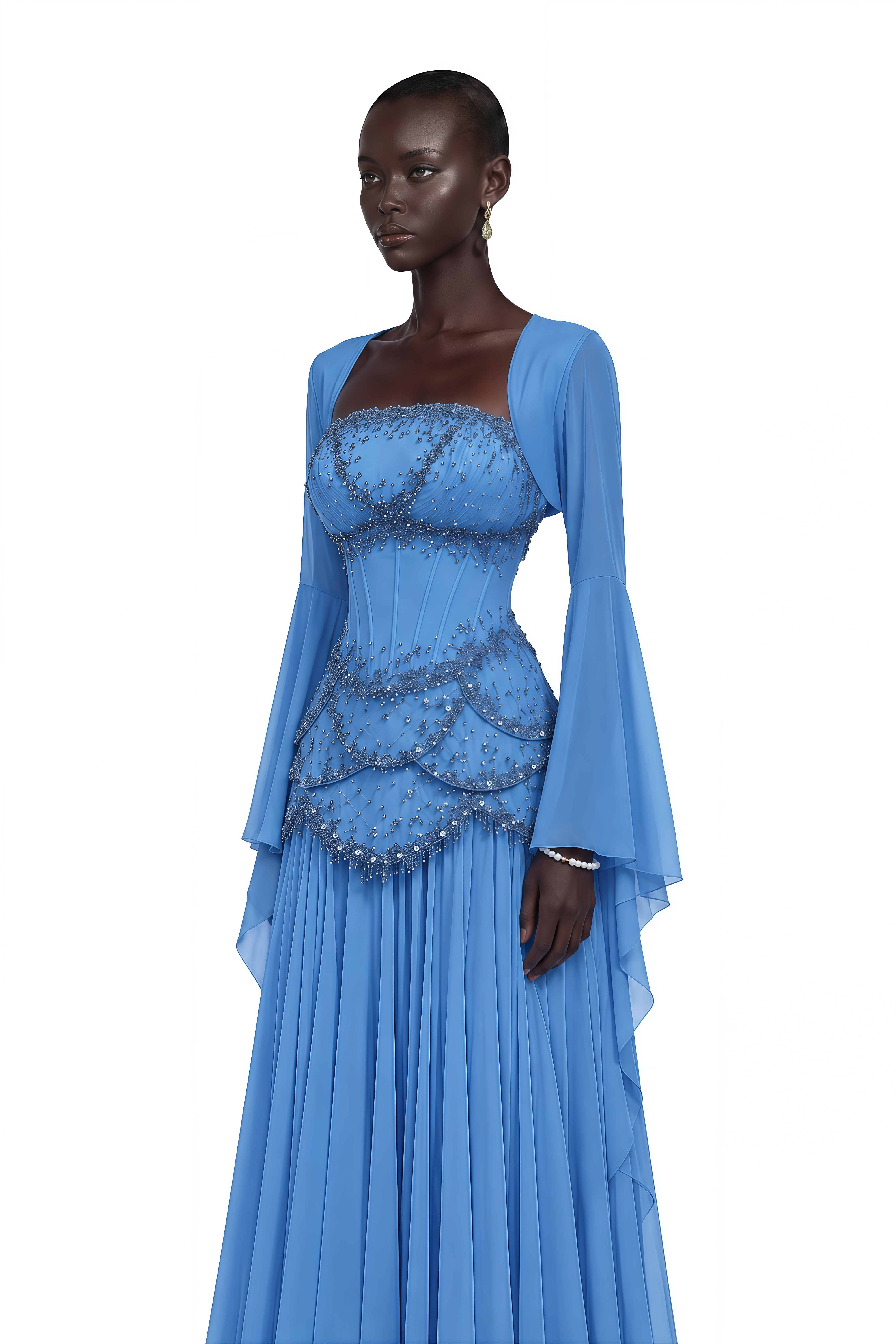 Gaëlle Blue Faux-pearl-embellished Pleated Maxi Dress