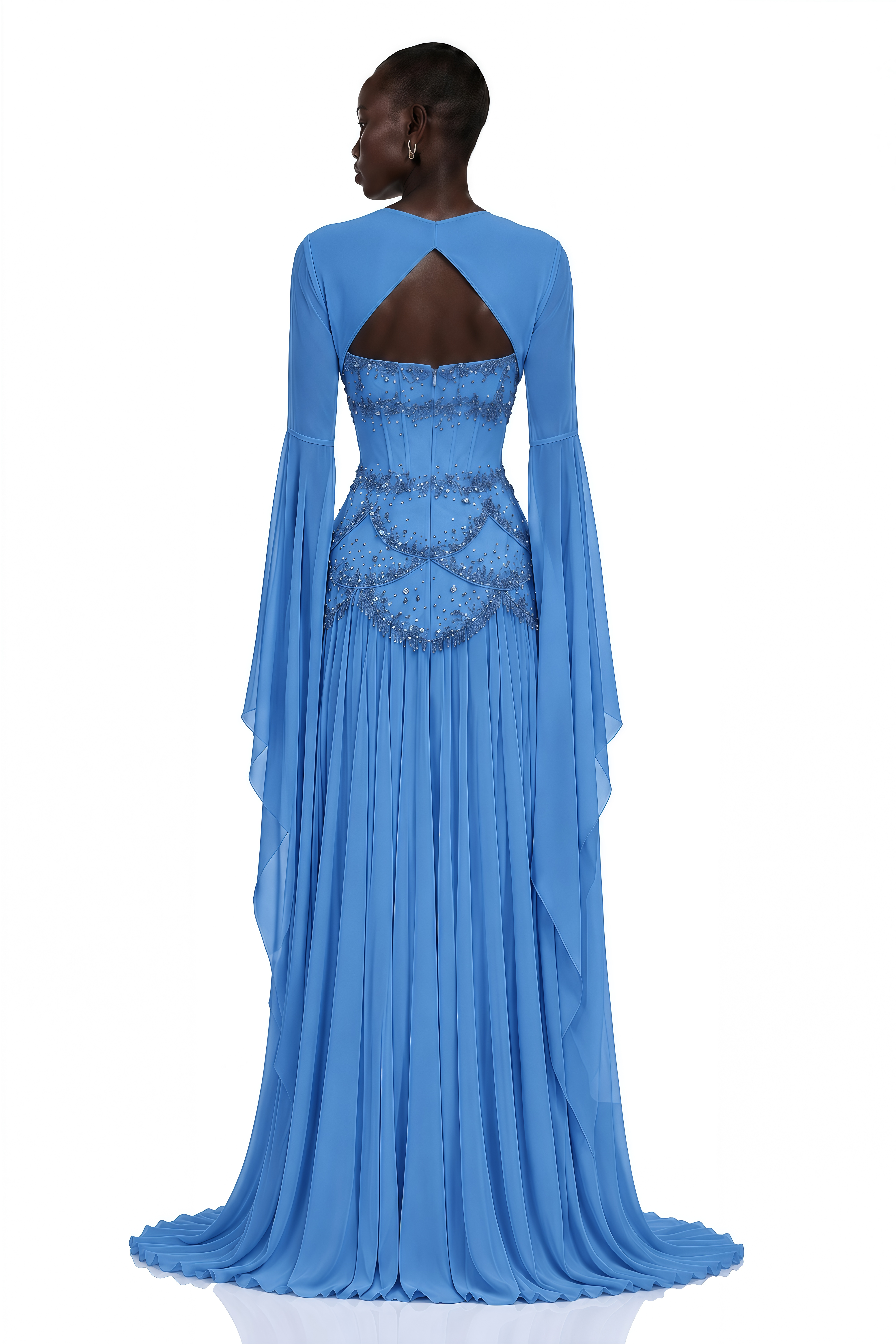 Gaëlle Blue Faux-pearl-embellished Pleated Maxi Dress