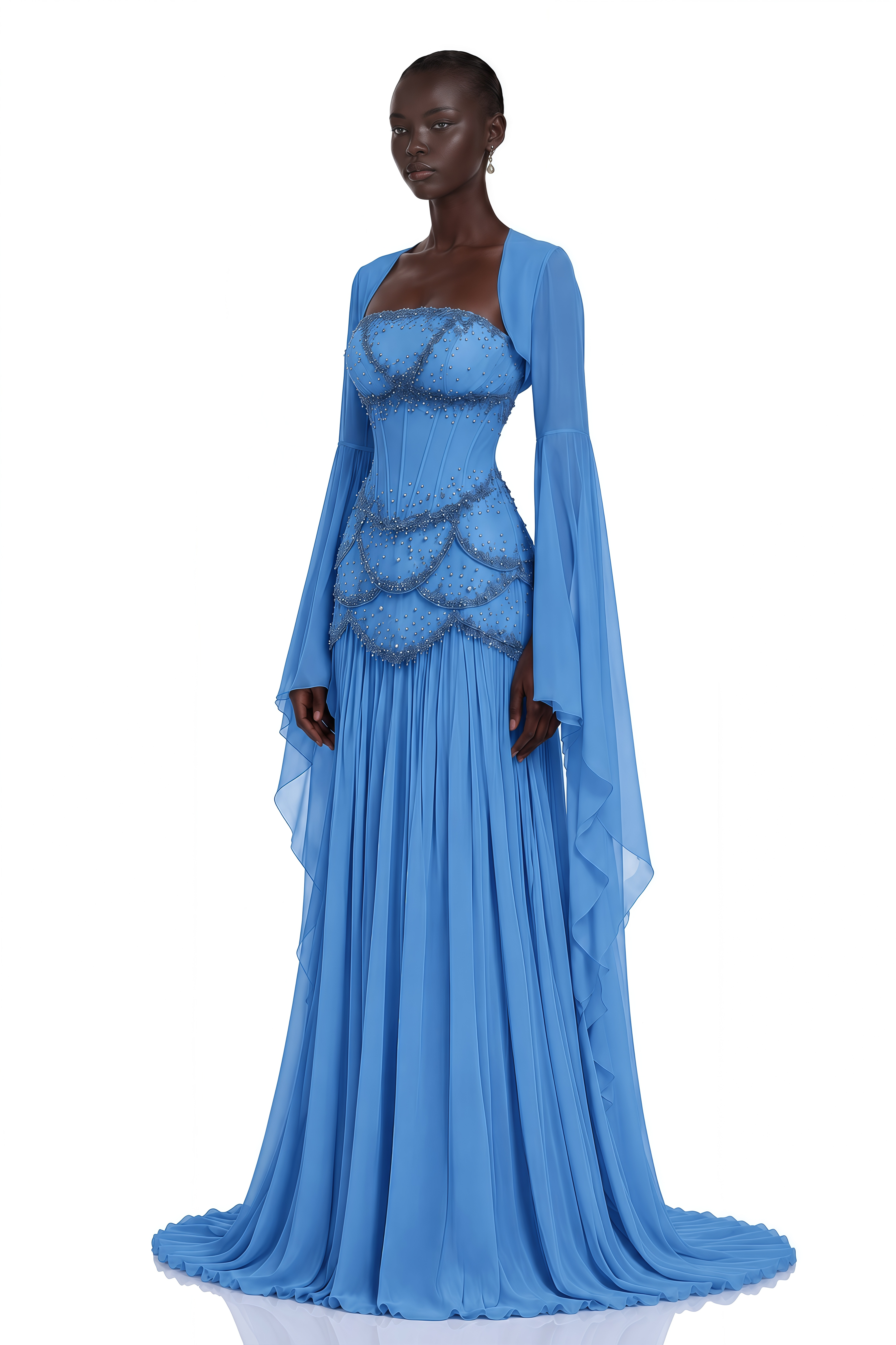 Gaëlle Blue Faux-pearl-embellished Pleated Maxi Dress
