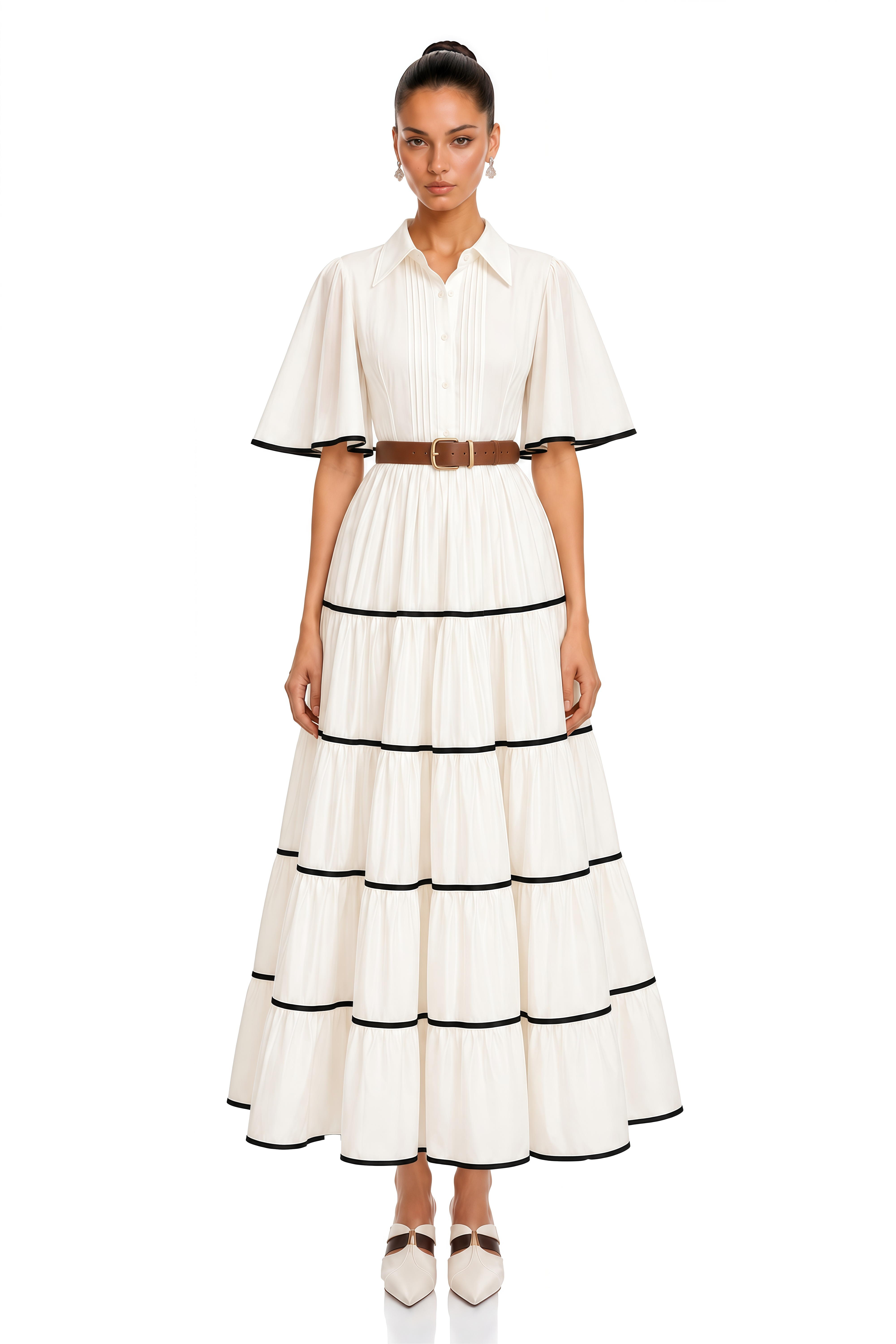 Gabija White Tiered Belted Short Sleeve Maxi Dress