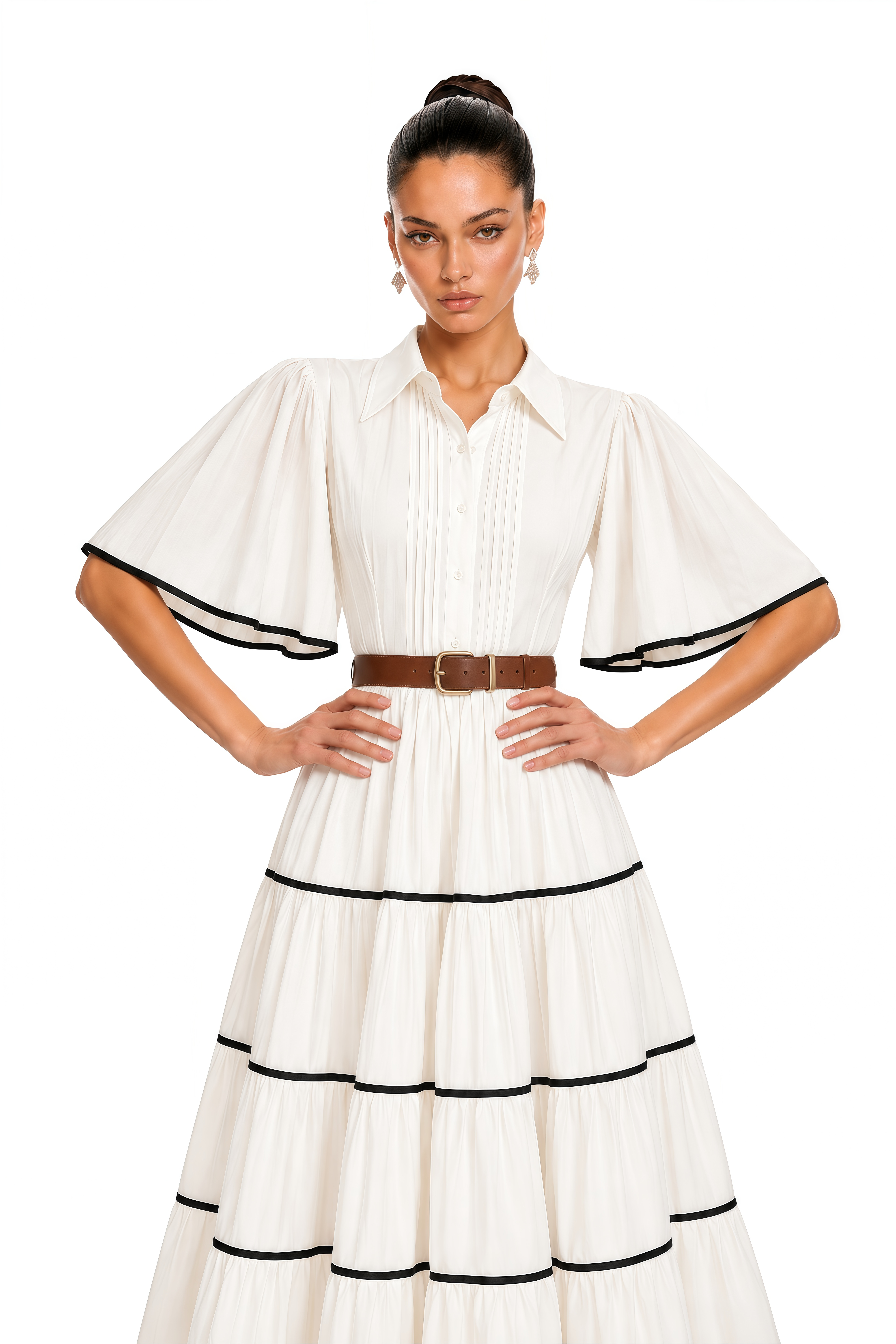 Gabija White Tiered Belted Short Sleeve Maxi Dress
