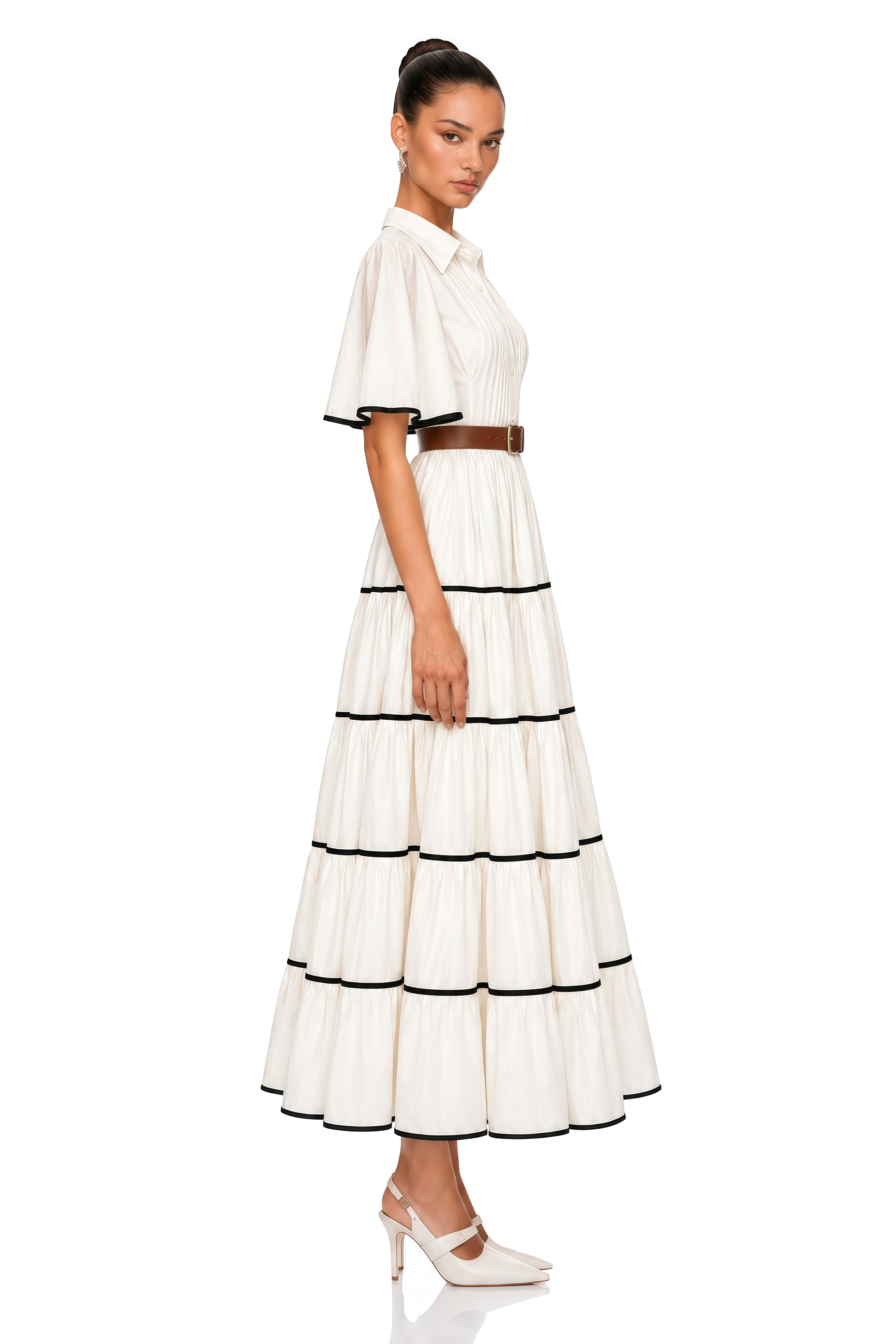 Gabija White Tiered Belted Short Sleeve Maxi Dress
