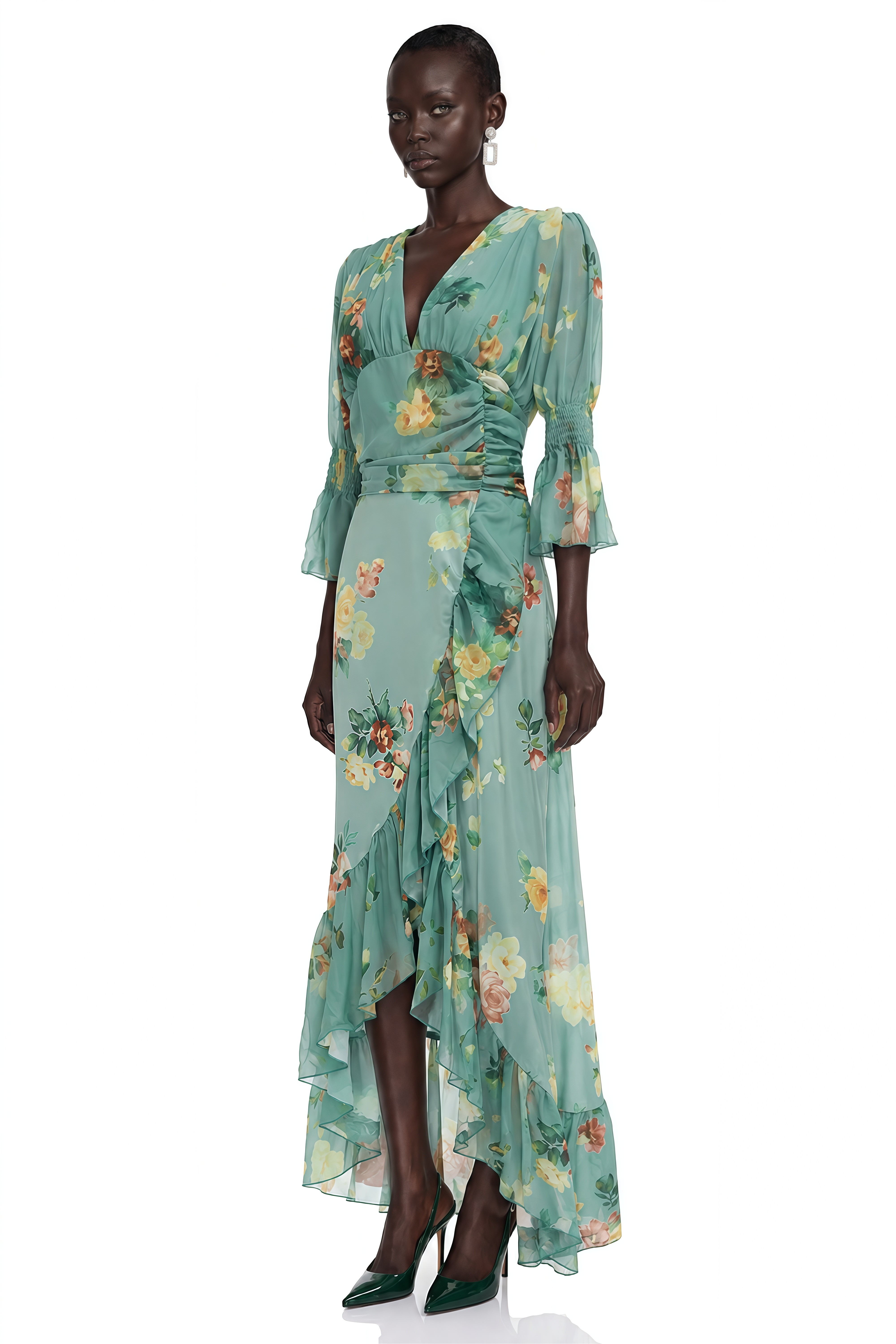 Gabriella Green Floral Print Plunging Asymmetrical Ruffled Maxi Dress