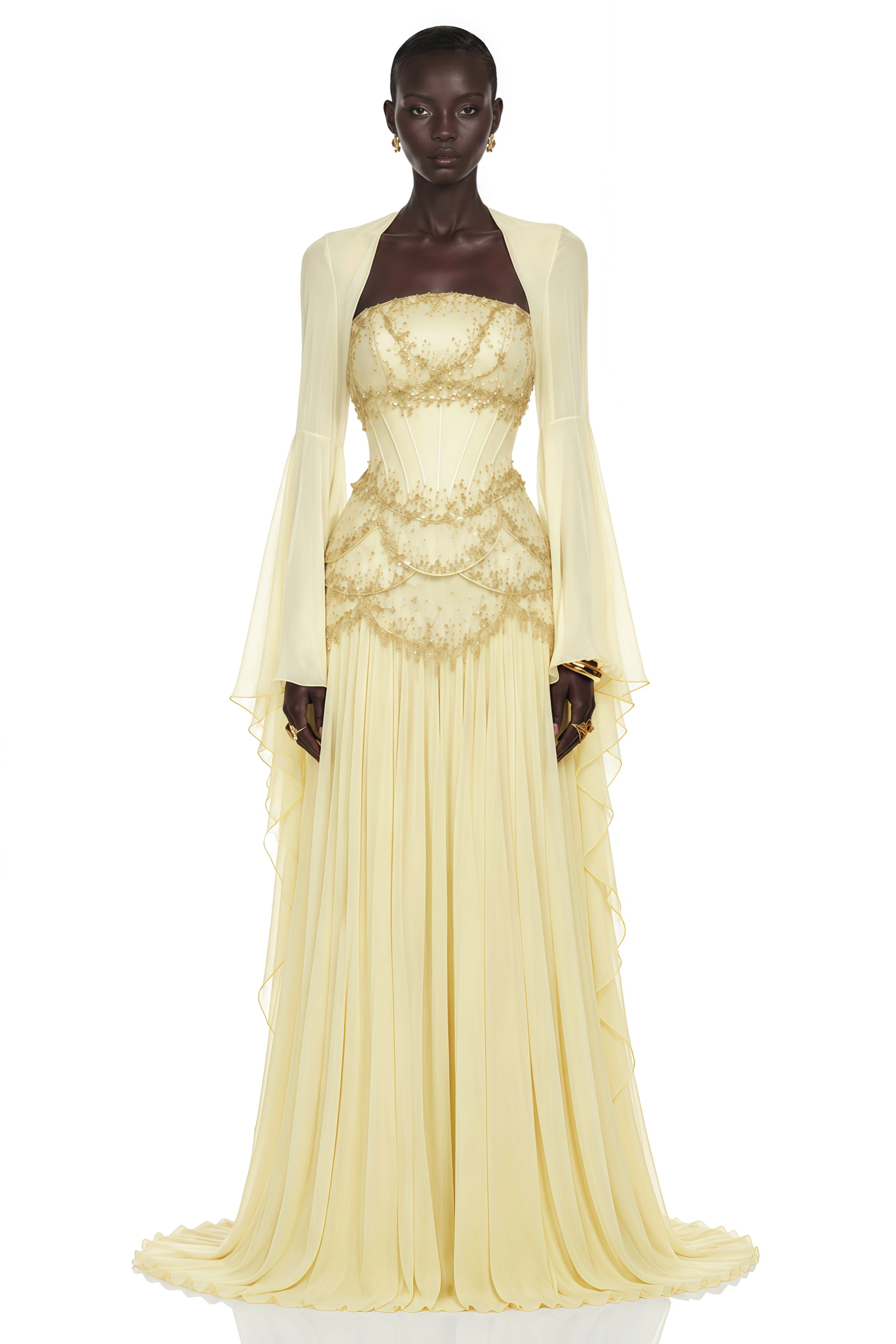 Gaëlle Yellow Faux-pearl-embellished Pleated Maxi Dress