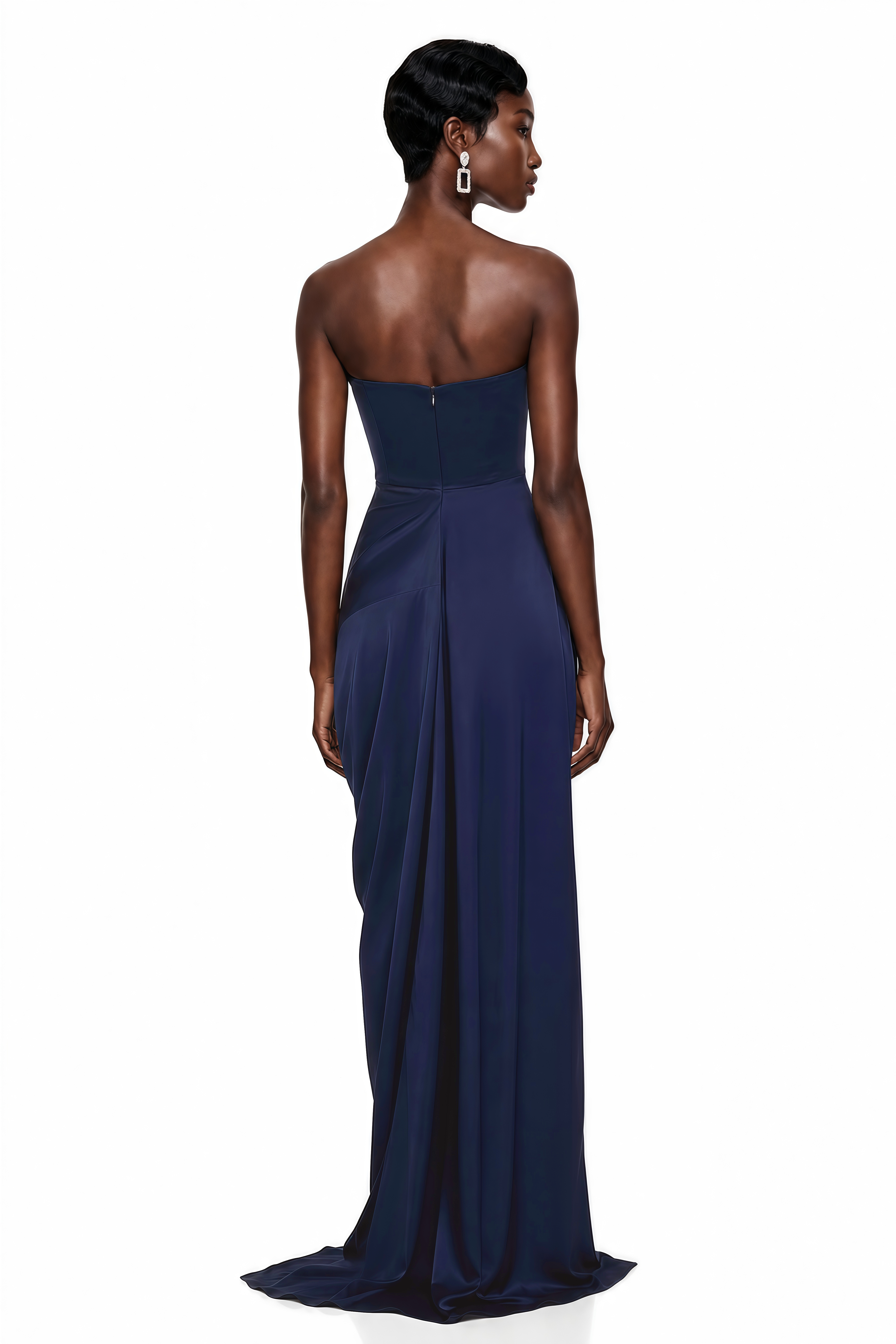 Gamze Navy Blue Draped Maxi Dress with High Slit