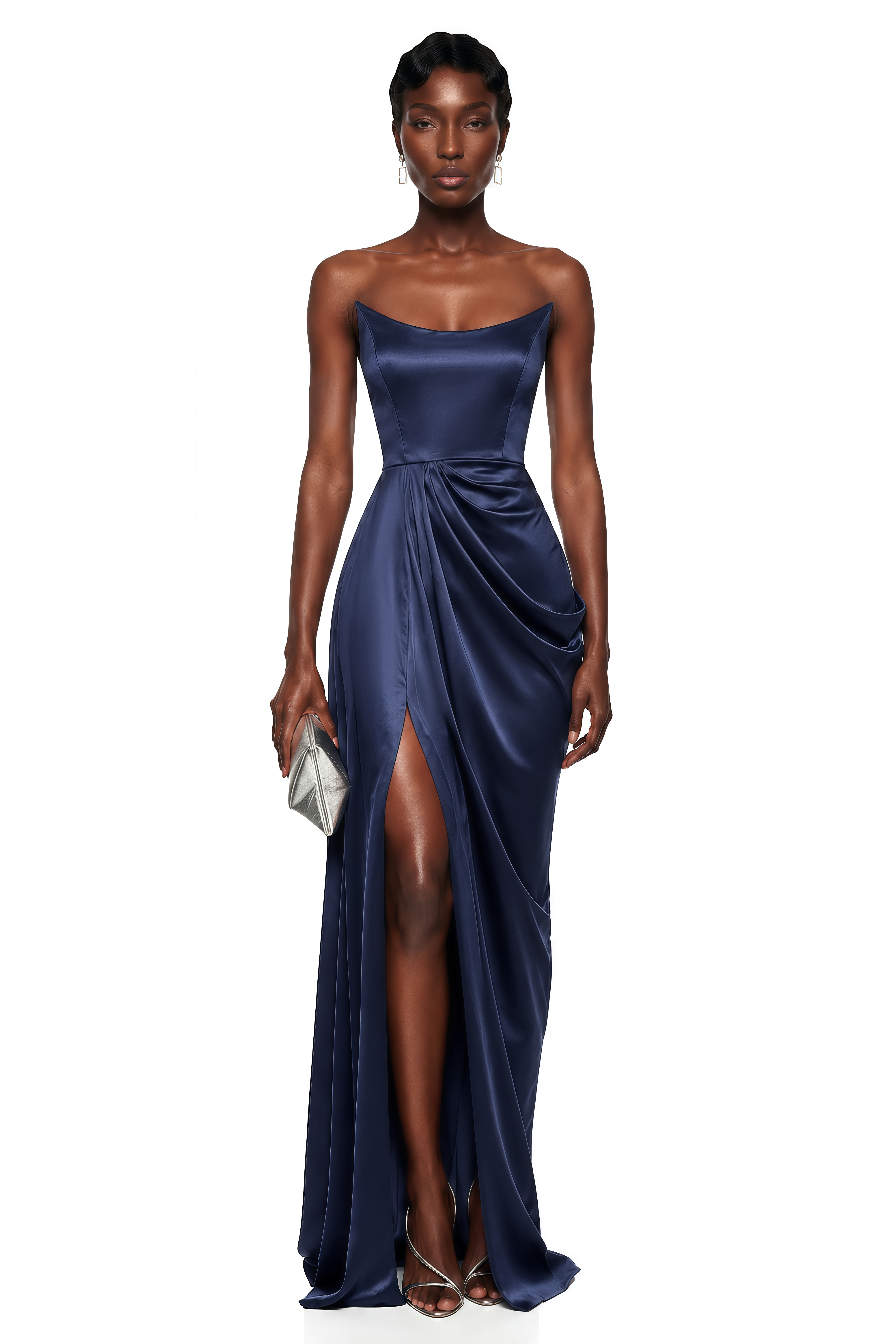 Gamze Navy Blue Draped Maxi Dress with High Slit