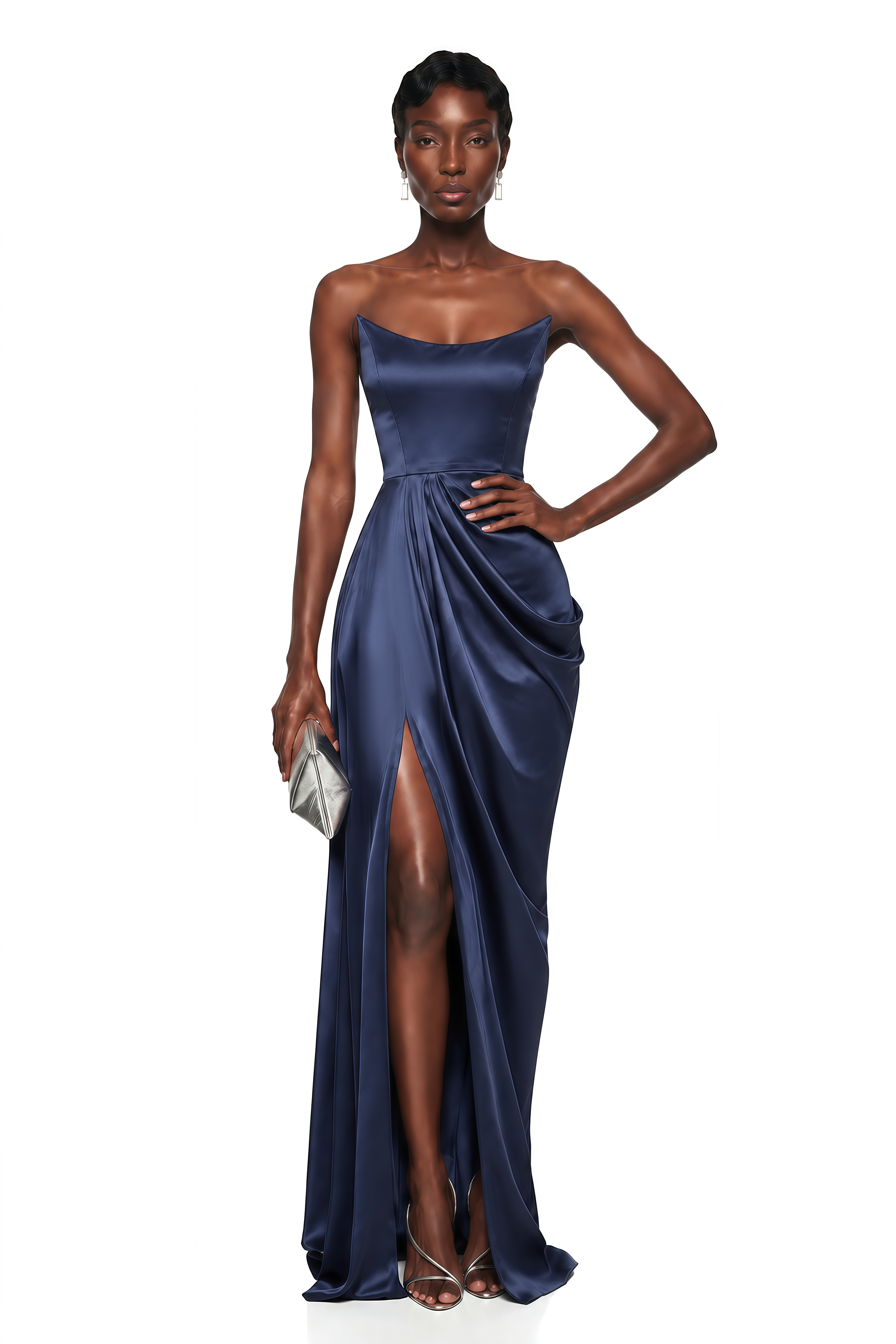 Gamze Navy Blue Draped Maxi Dress with High Slit