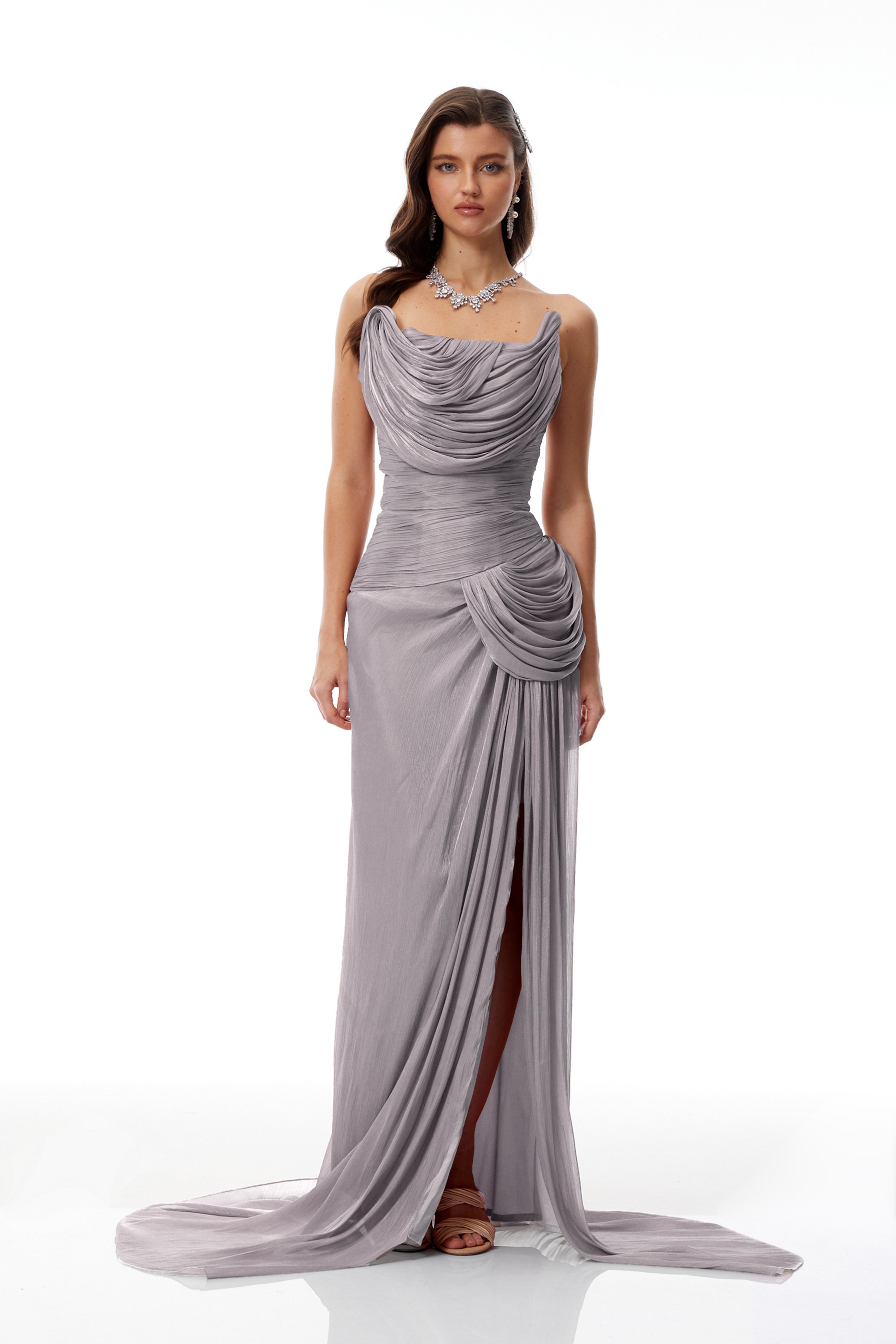 Gelsomina Grey Asymmetrical Glossy Gathered Maxi Dress – Miss